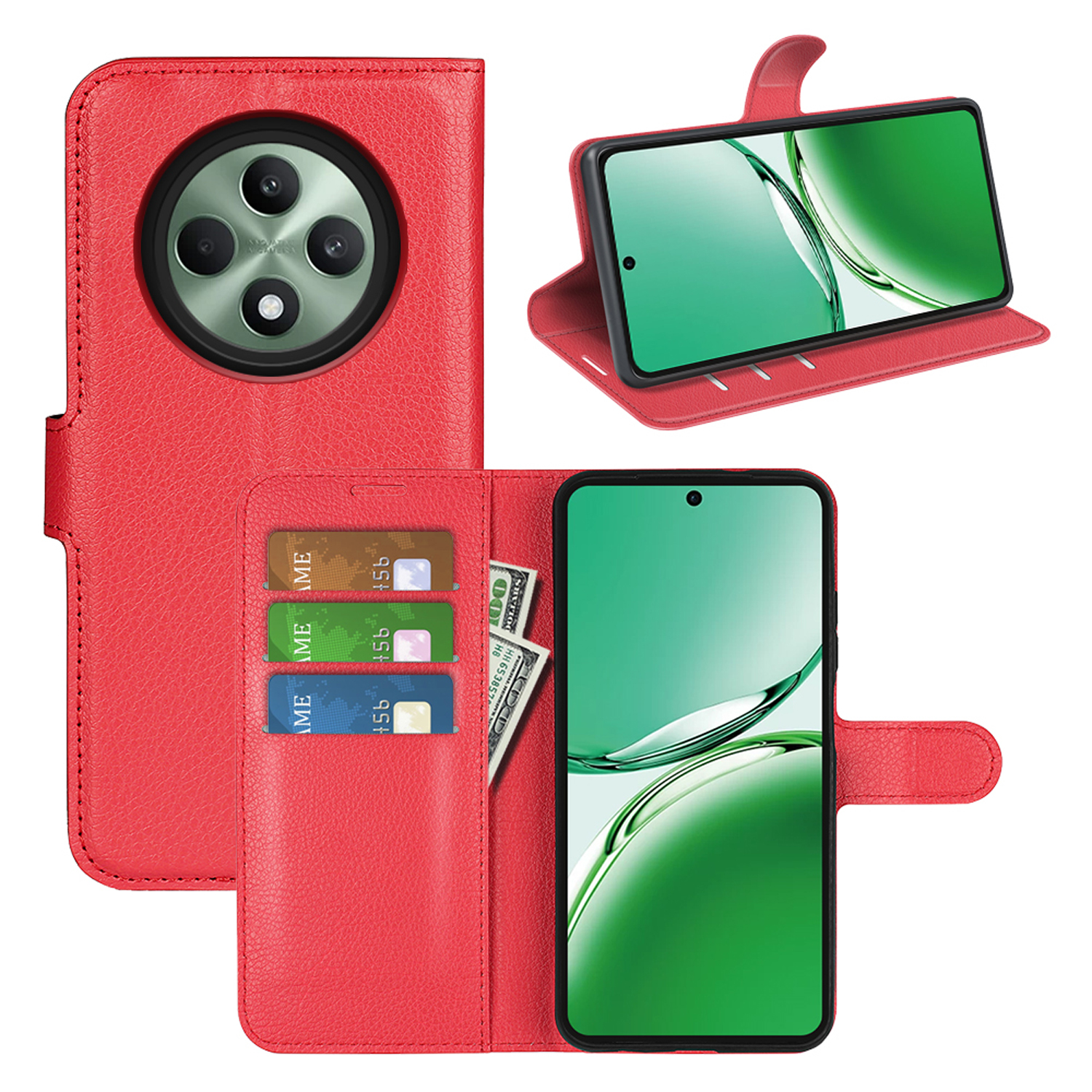 Rode telefoonhoes open, met kaarten en geld, telefoon met groen scherm, witte achtergrond.