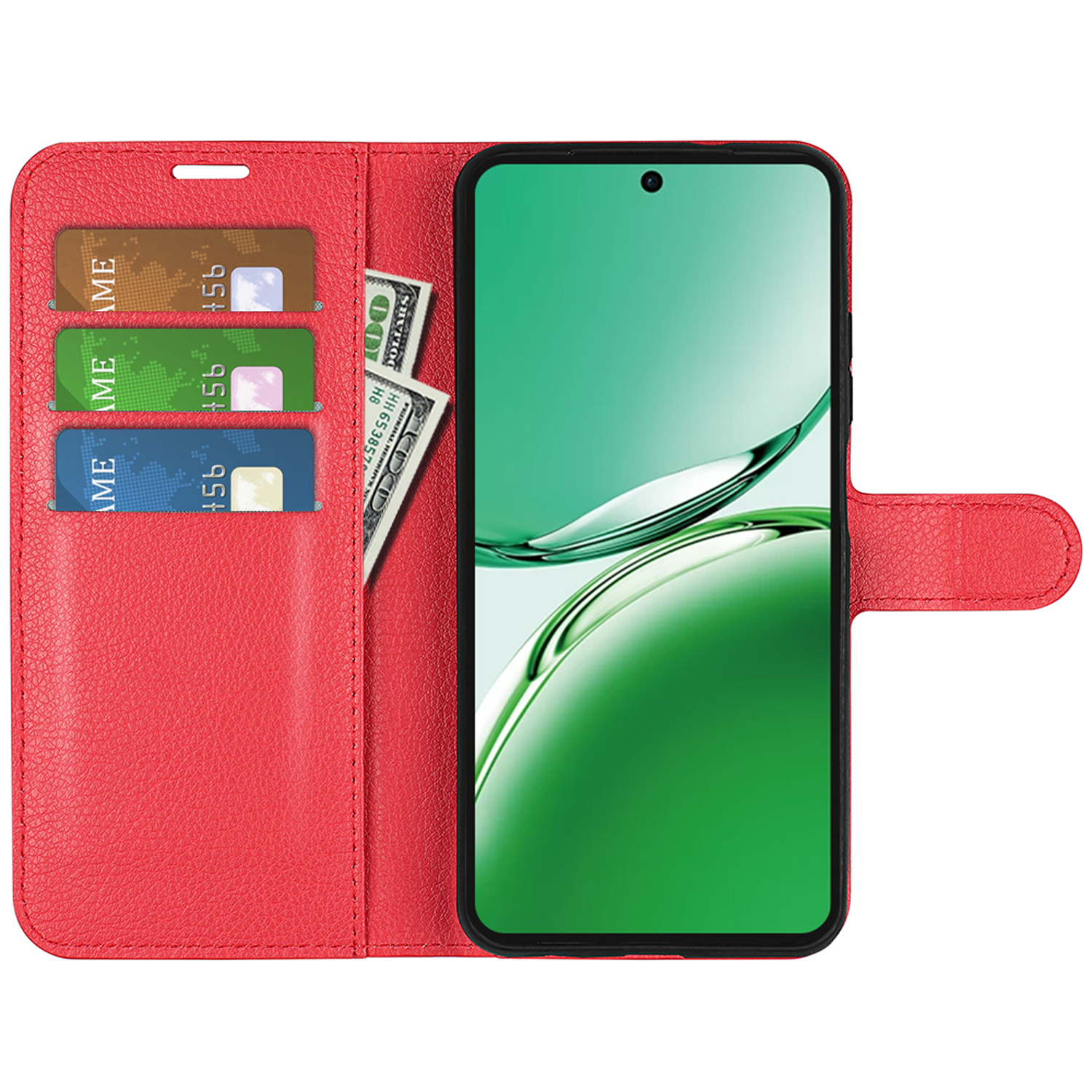 Rode telefoonhoes open, met creditcards en een dollarbiljet. Een telefoon bevindt zich aan de rechterkant.