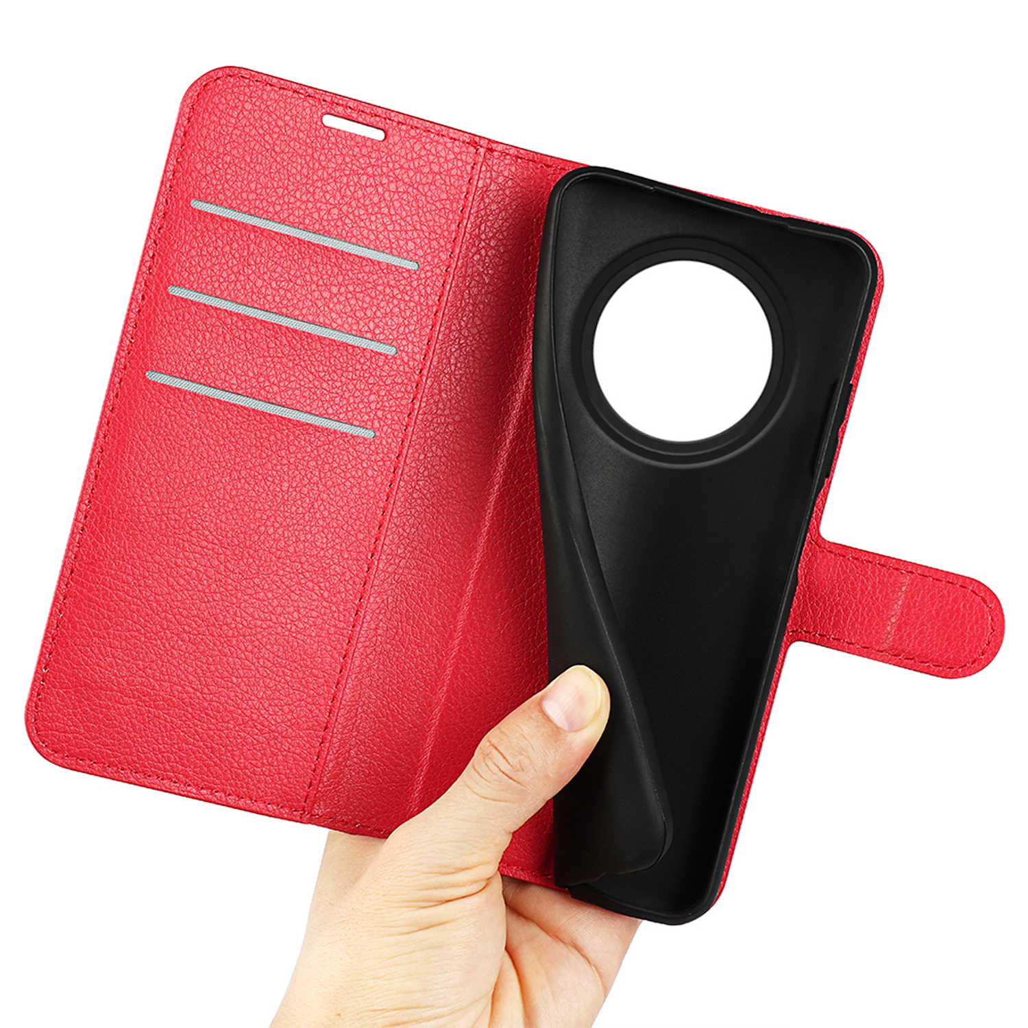 Rode telefoonhoes open met zwart interieur, hand houdt de telefoonhouder vast. Leertextuur.