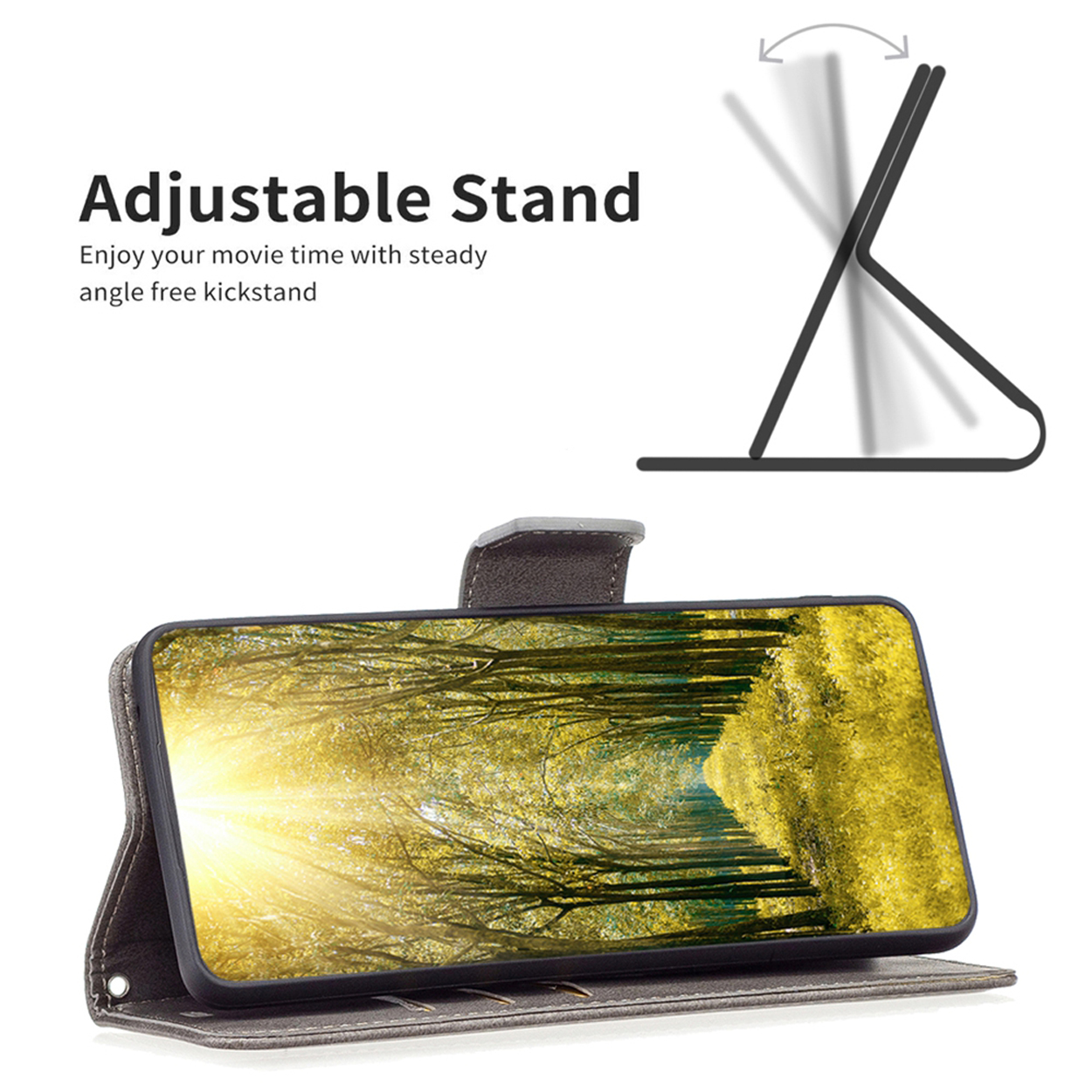 Telefoonhoes met verstelbare standaard, met telefoon met bosafbeelding.
