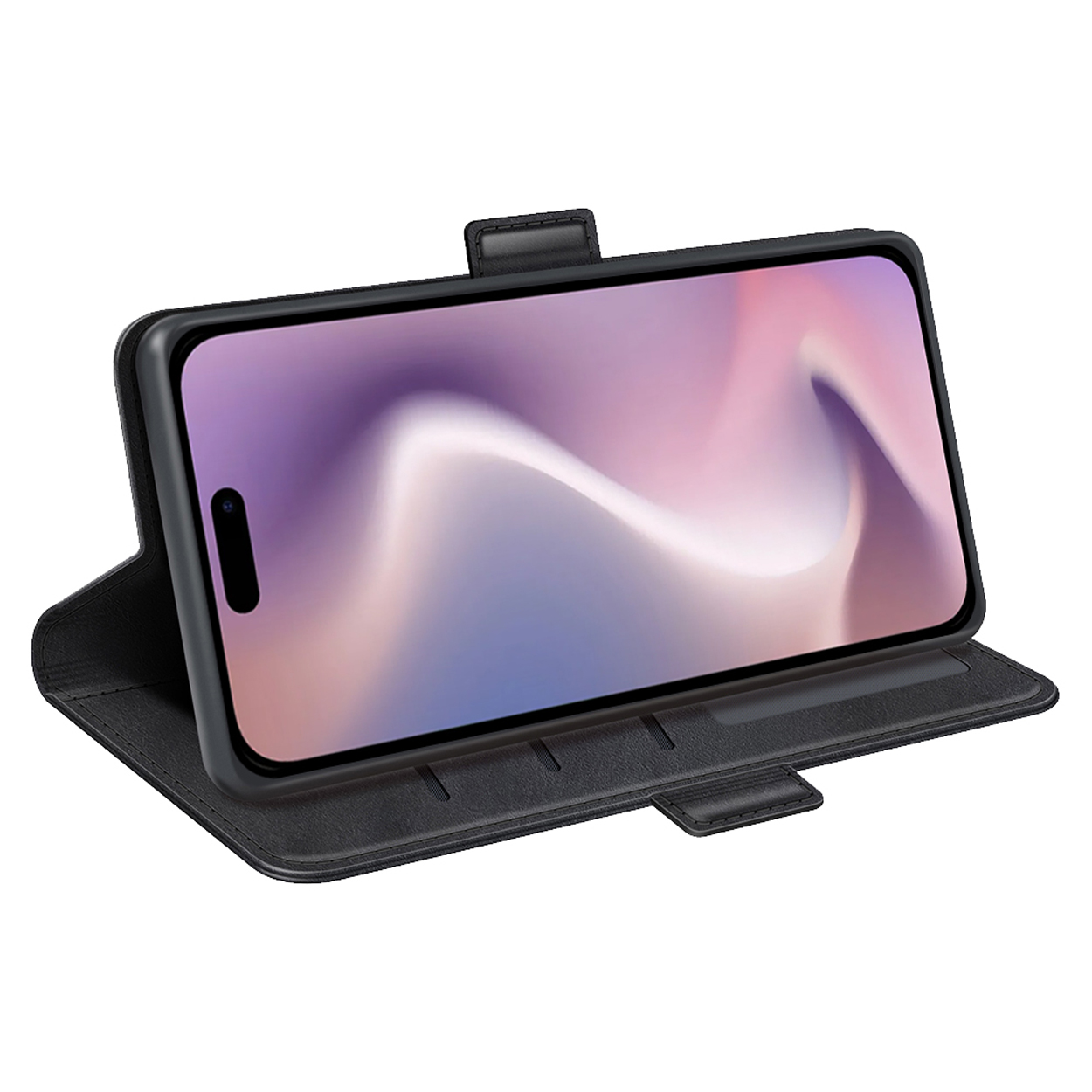 Zwarte telefoonhoes met telefoon erin, scherm toont verloopafbeelding, schuin op witte achtergrond.