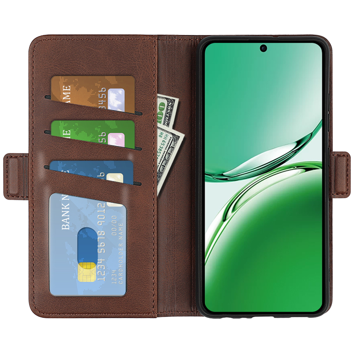 Bruine telefoonhoes open, met kaarten, geld en telefoon. De telefoon toont een wazige groene afbeelding.