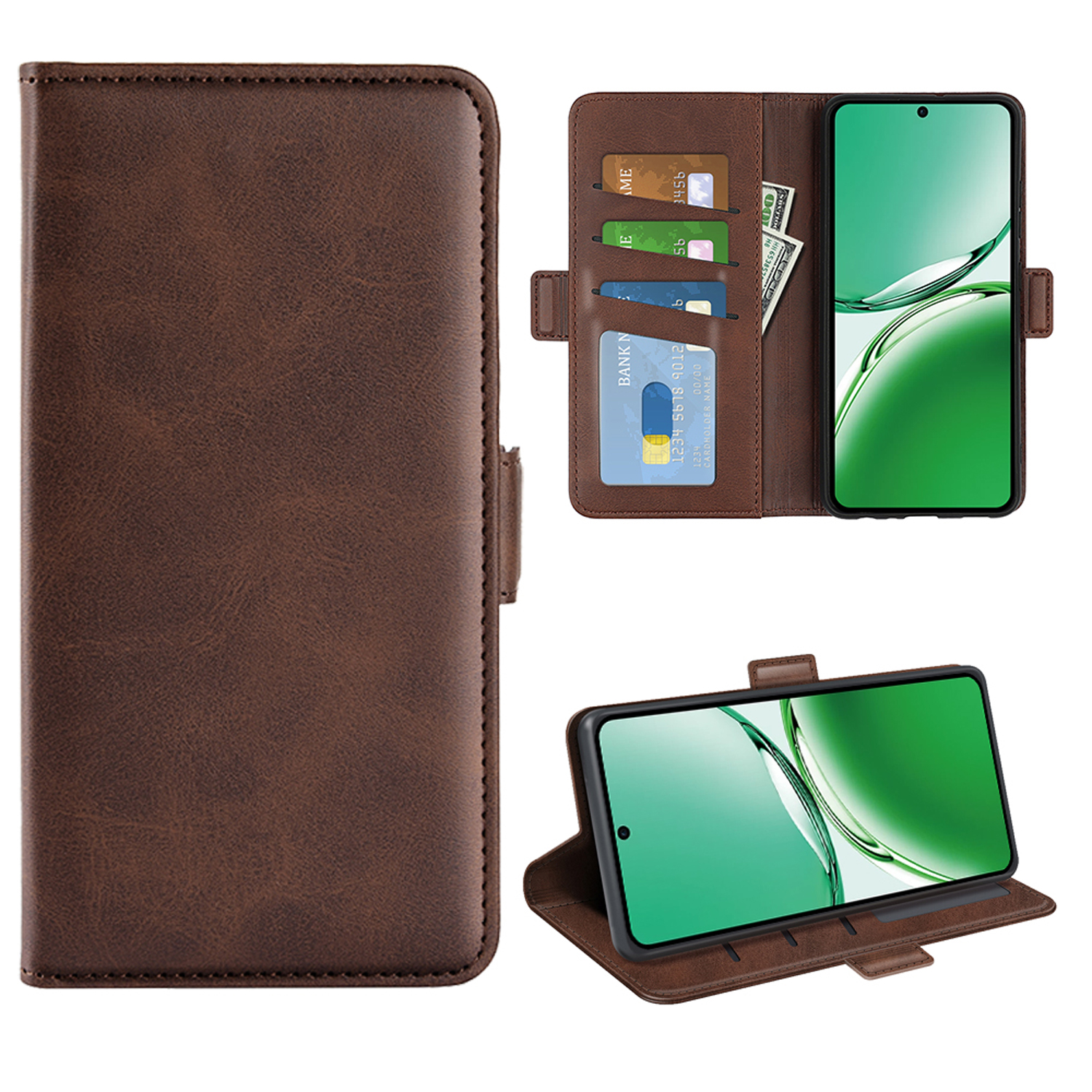 Bruine telefoonhoes met telefoon erin, kaarten en geld zichtbaar. Het heeft een standfunctie.