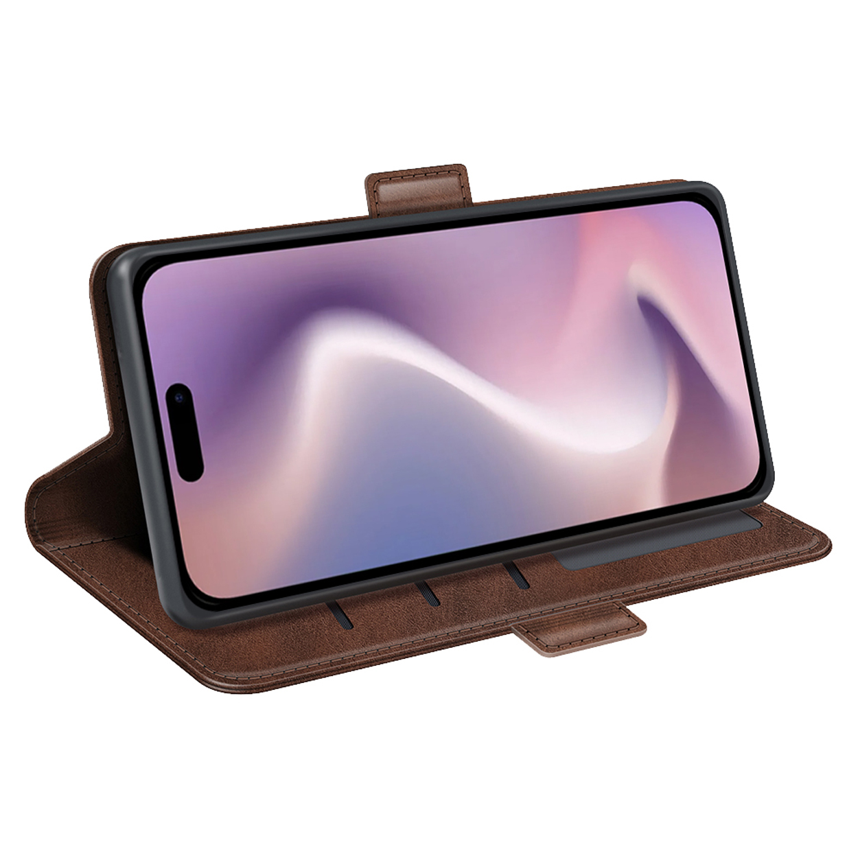 Bruin leren telefoonhoesje met een telefoon met een abstract roze en paars ontwerp.