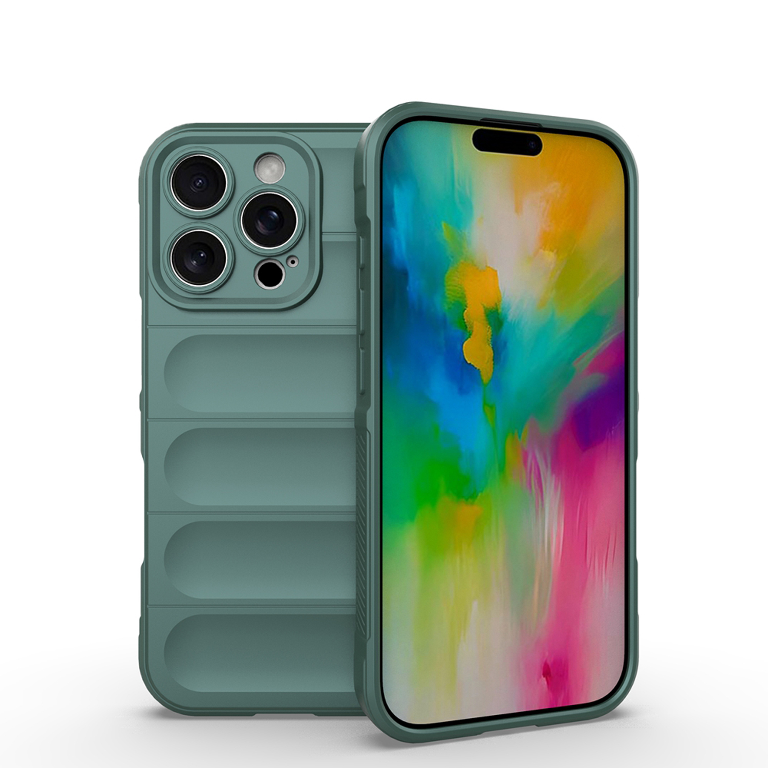 Groene telefoonhoes, twee weergaven. De telefoon is in de hoes geplaatst.