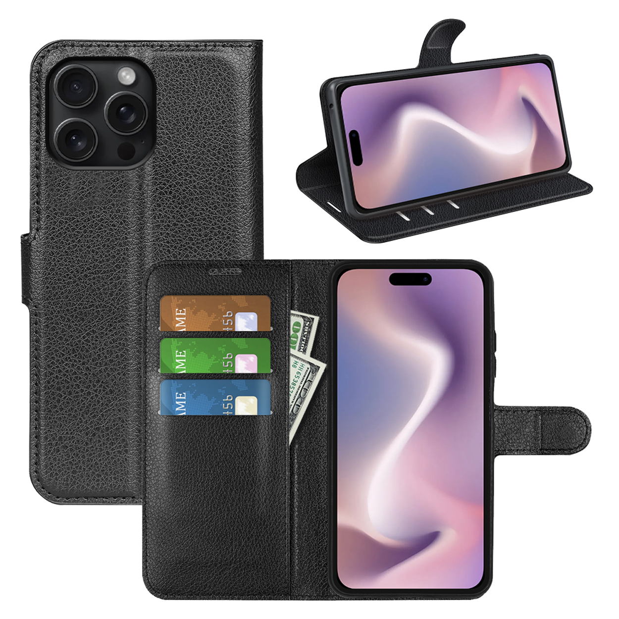 Zwarte telefoonhoes open met telefoon, kaarten en geld. Toont telefoon in stand en open weergave.