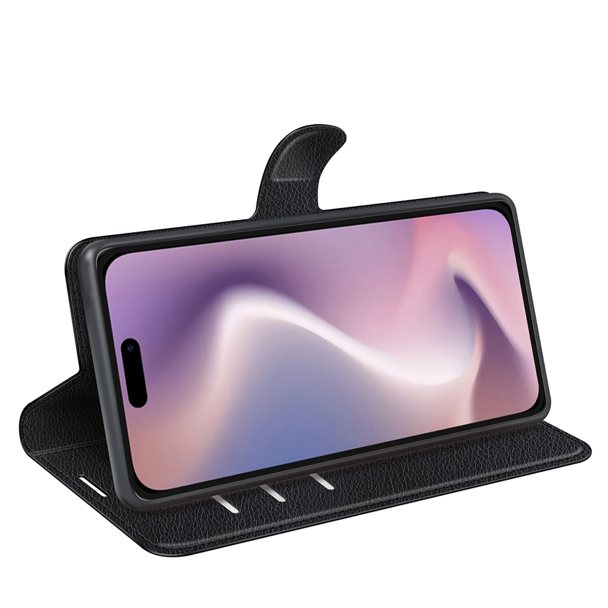 Zwarte telefoonhoes, open. Een telefoon is zichtbaar, scherm naar boven, met een witte achtergrond.