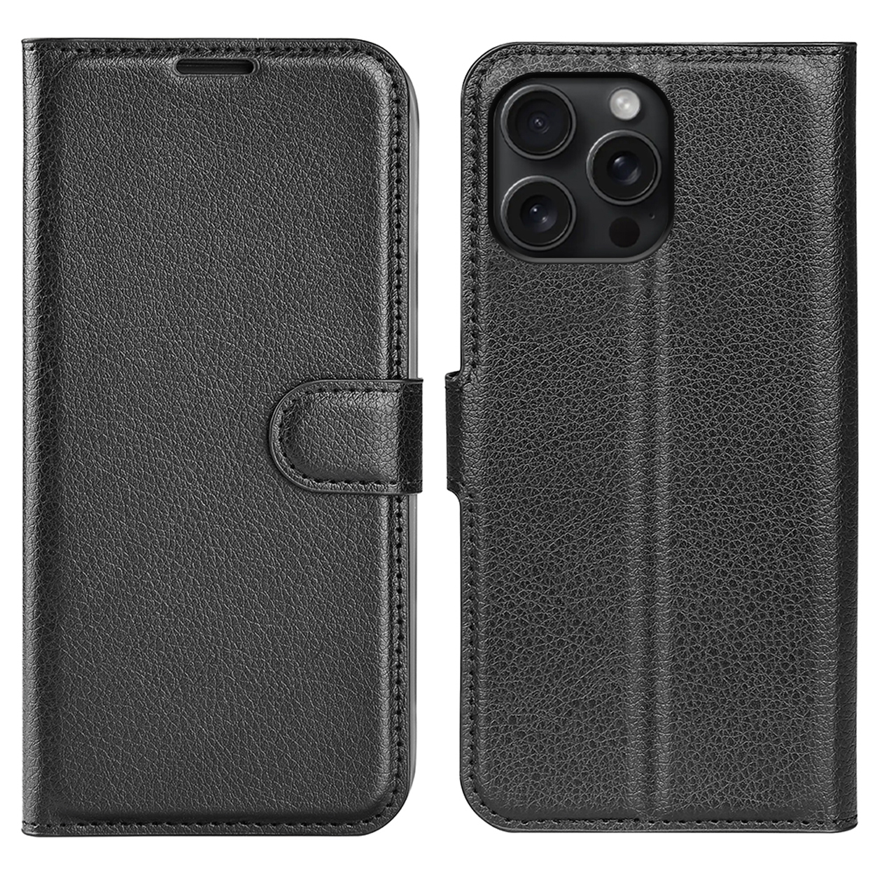 Zwarte telefoonhoes, open en dicht, met knoop en leertextuur.