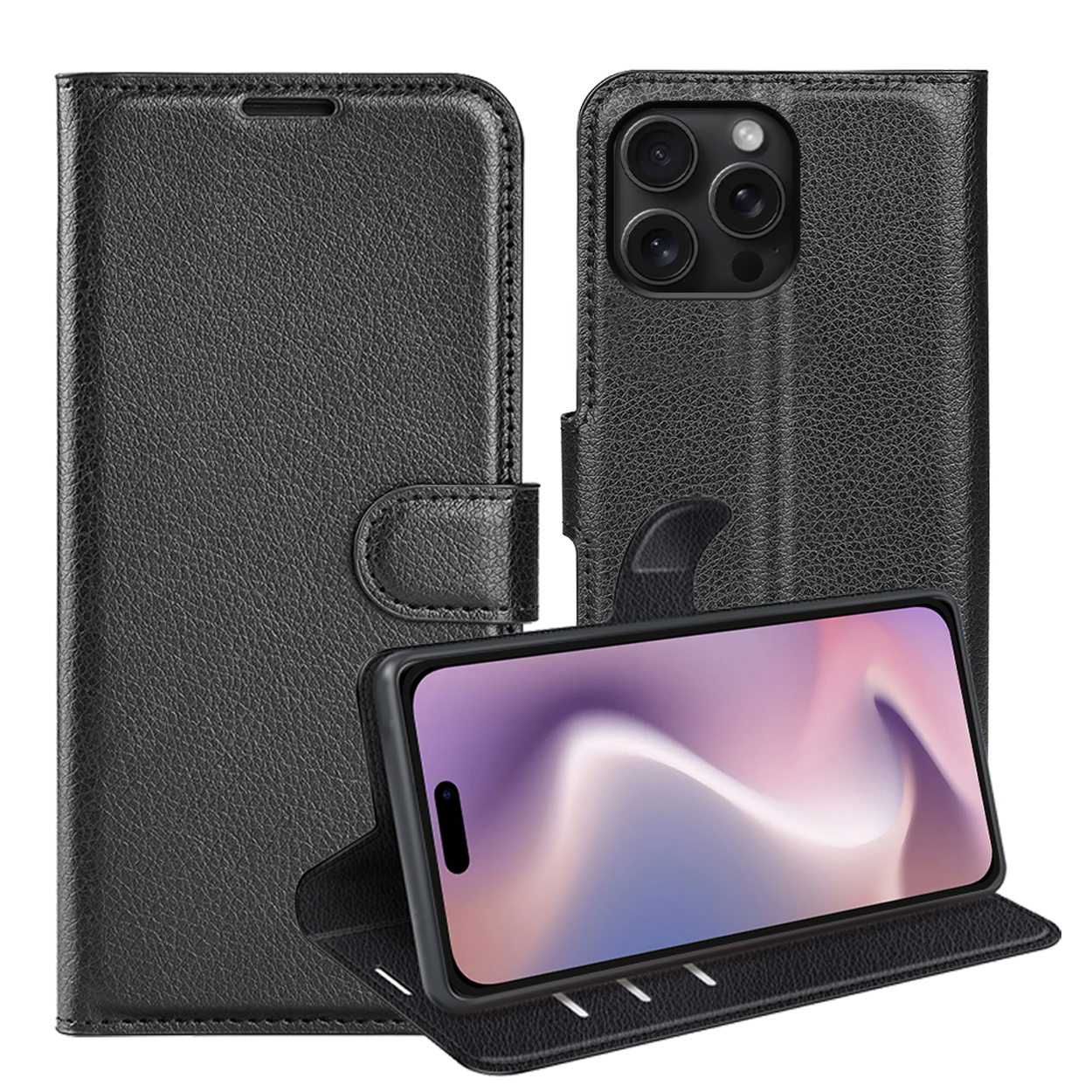 Zwarte leren telefoonhoes, open en dicht, met telefoon met paars scherm.