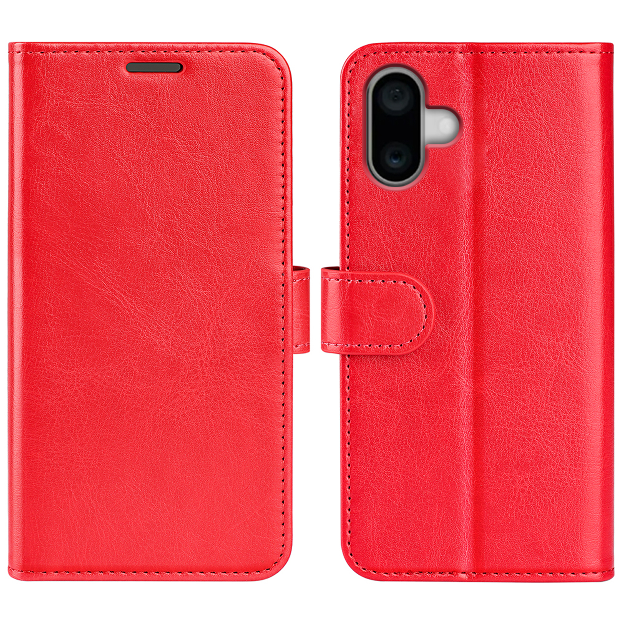 Étui de téléphone rouge, ouvert. L'étui et le téléphone sont orientés vers le haut, avec un design rouge.