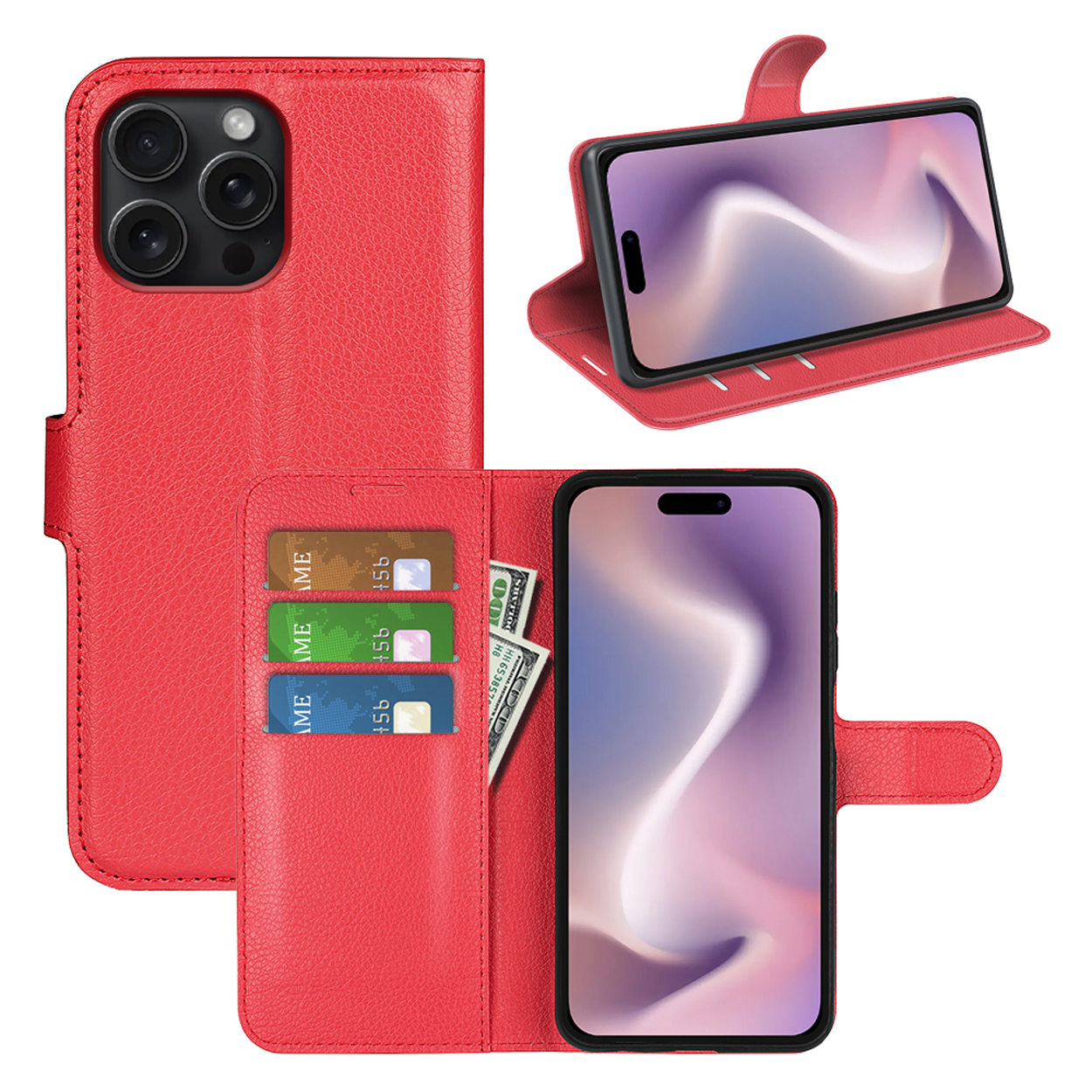 Rode telefoonhoes, open met kaarten, contant geld en telefoon. Meerdere weergaven.
