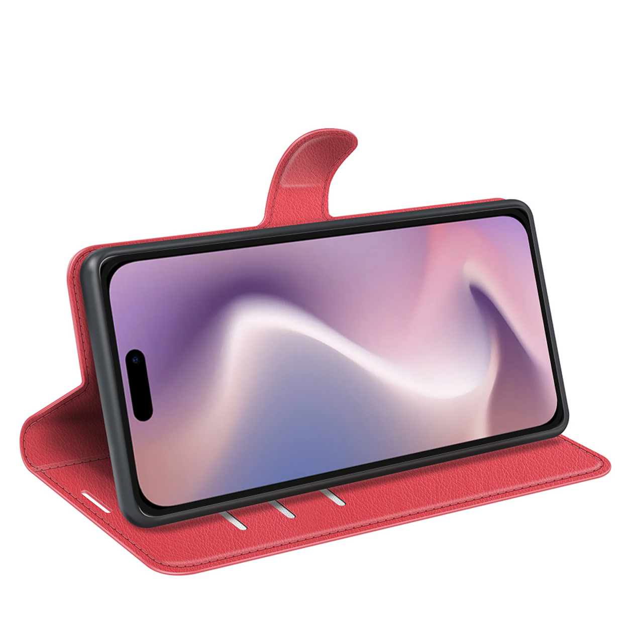 Rode telefoonhoes, met een smartphone met zichtbaar scherm. Witte achtergrond.