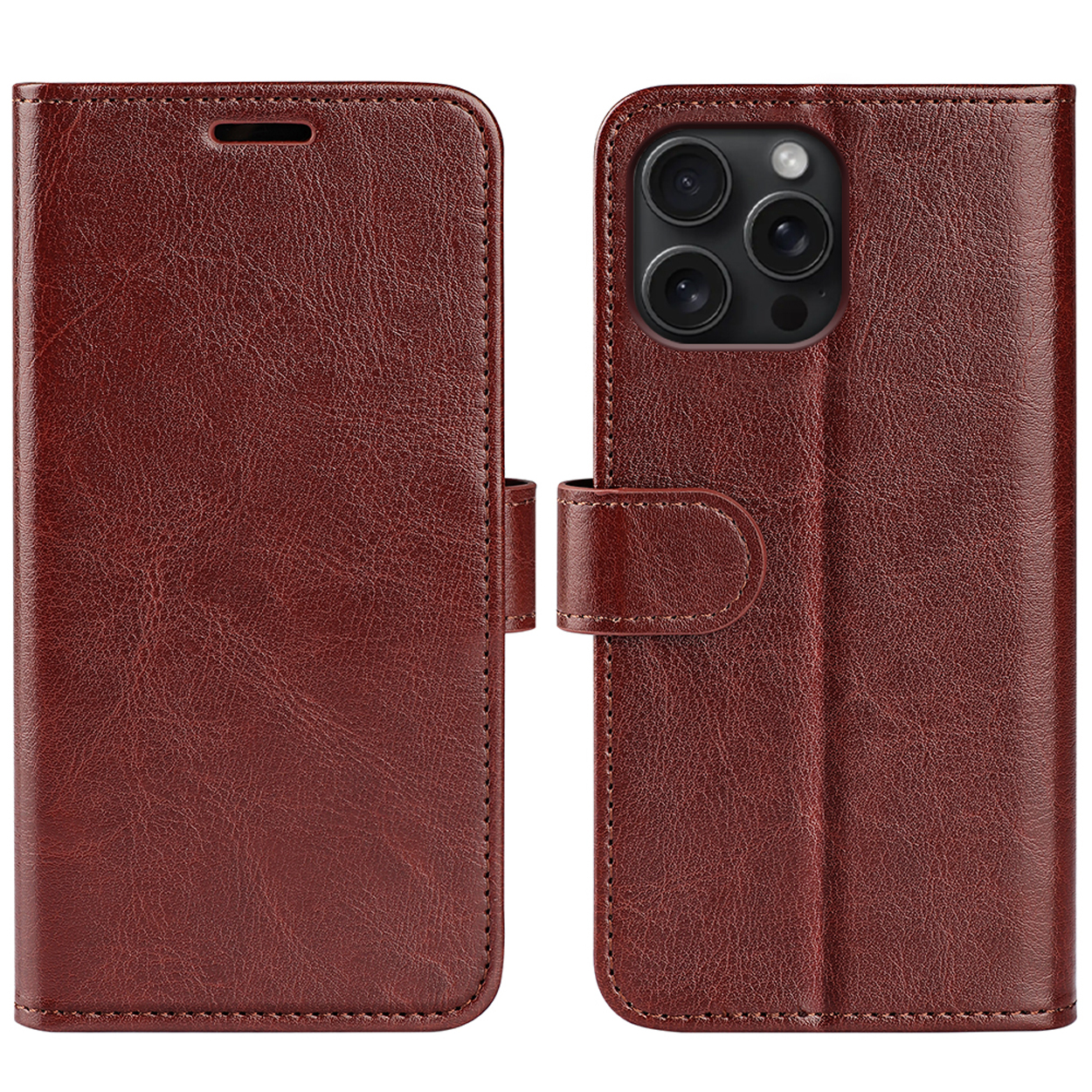 Bruine leren telefoonhoes met een telefoon erin. De hoes is open en dicht.