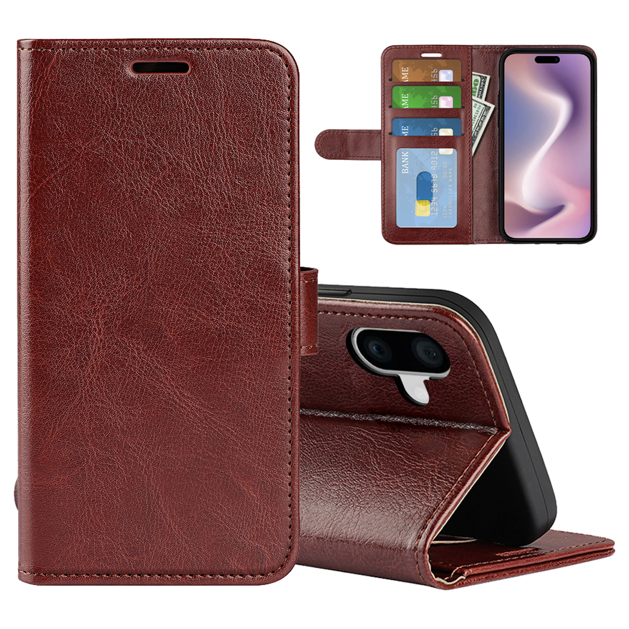 Étui de téléphone en cuir marron ouvert, avec cartes, argent et un téléphone affichant un motif rose et violet.
