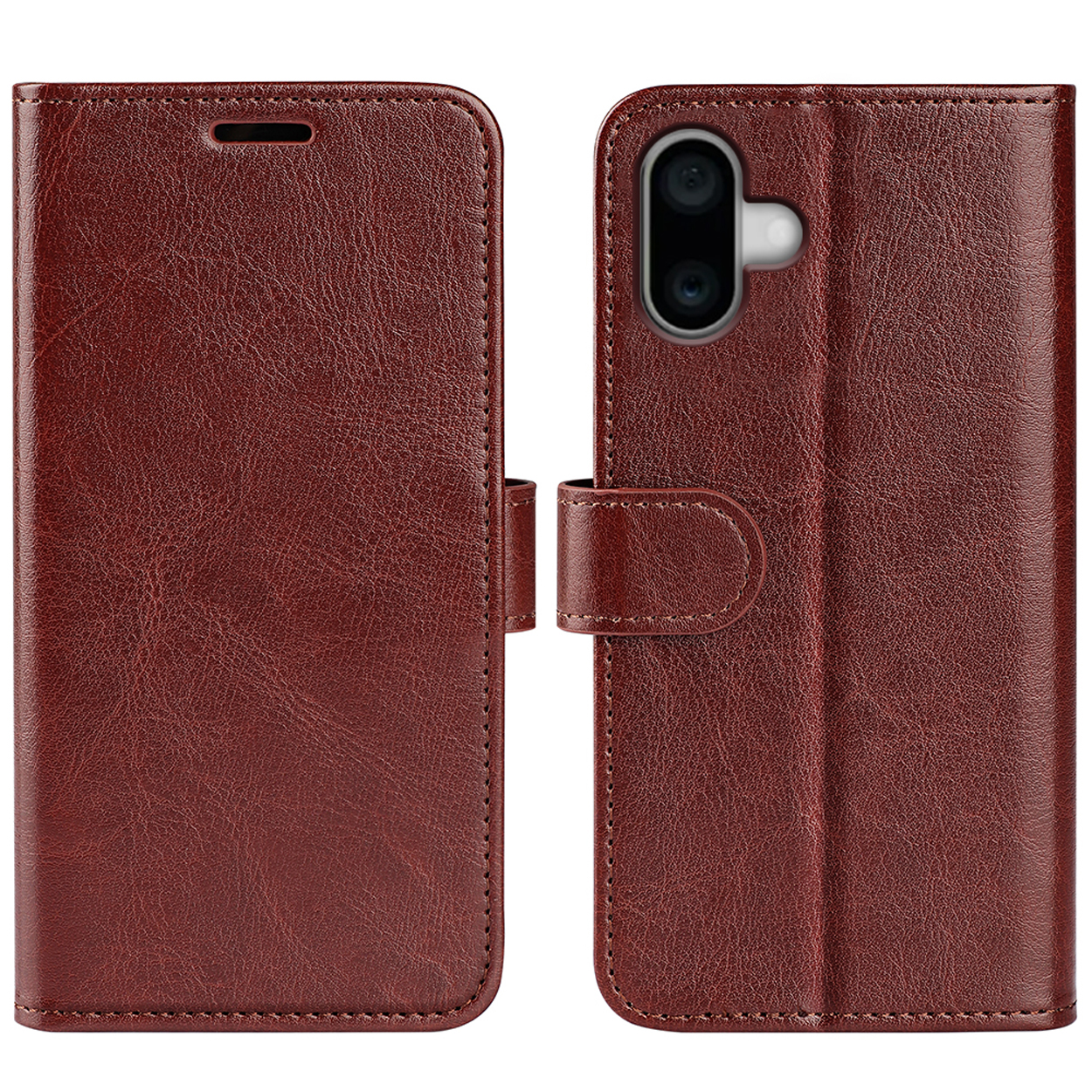 Étui de téléphone en cuir marron, ouvert et fermé. Caméras de téléphone visibles à droite.