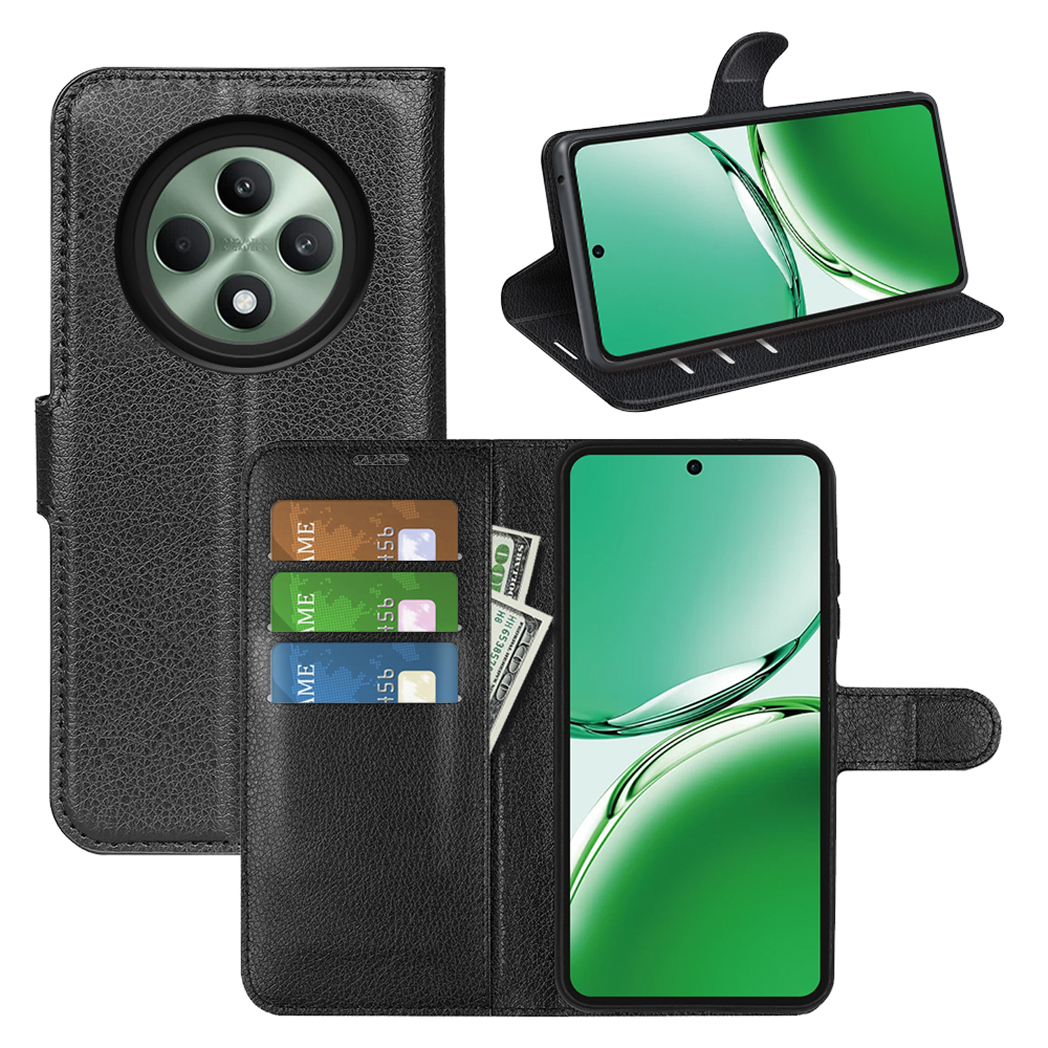 Zwarte leren telefoonhoes, open met kaarten, contant geld en telefoon. Meerdere weergaven.