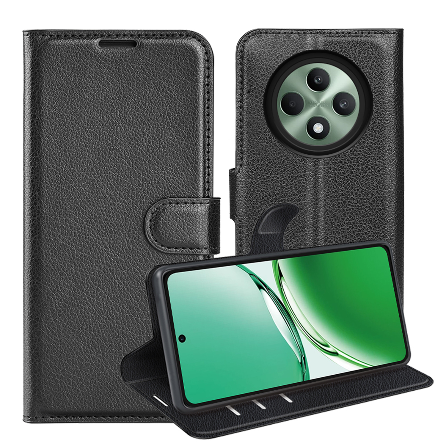 Zwarte leren telefoonhoes open, scherm zichtbaar. Met kaartsleuven en magnetische sluiting.