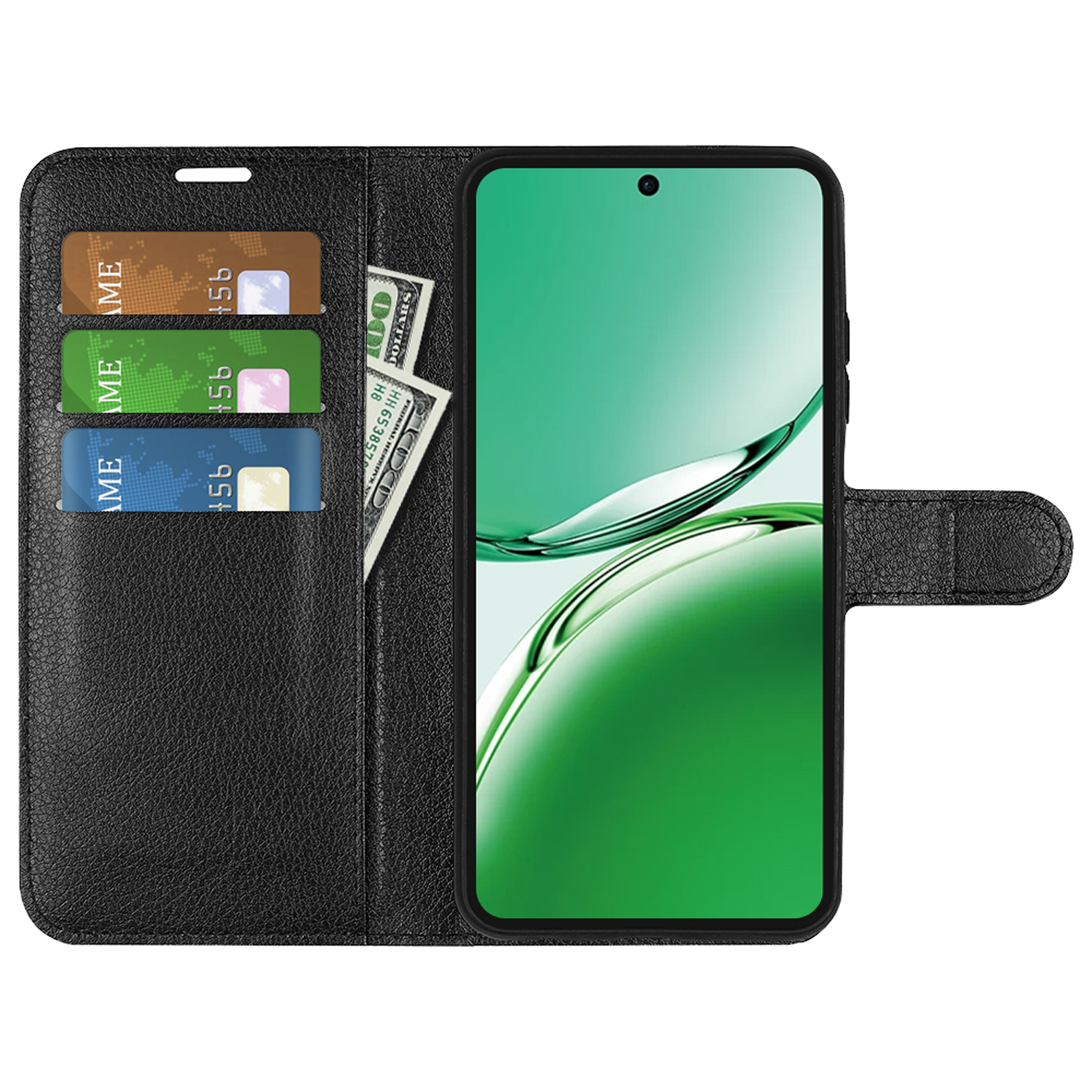 Zwarte telefoonhoes met kaarten, contant geld en een smartphone. Witte achtergrond.