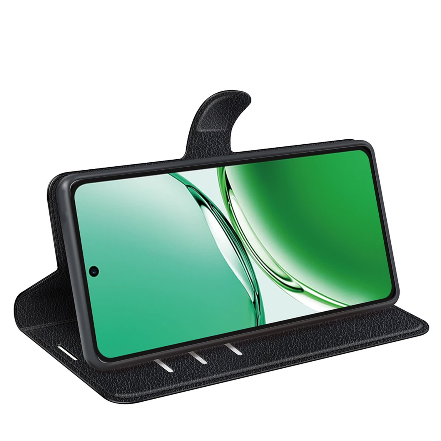 Zwarte telefoonhoes, open, met telefoon erin. De telefoon heeft een groene afbeelding. Hoes is leerachtig.