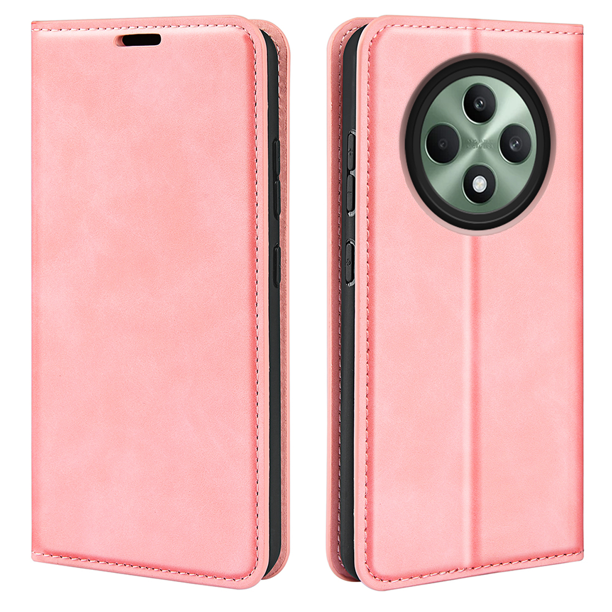 Roze leren telefoonhoesje, met een telefoon en een cameraring.