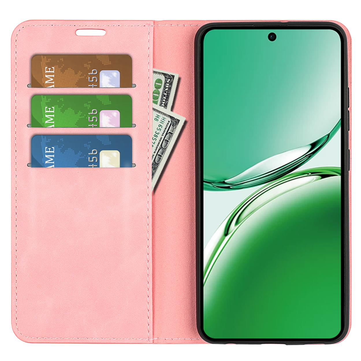 Een roze telefoonhoesje, open. Het bevat een telefoon, kaarten en geld. Het telefoonscherm is groen.