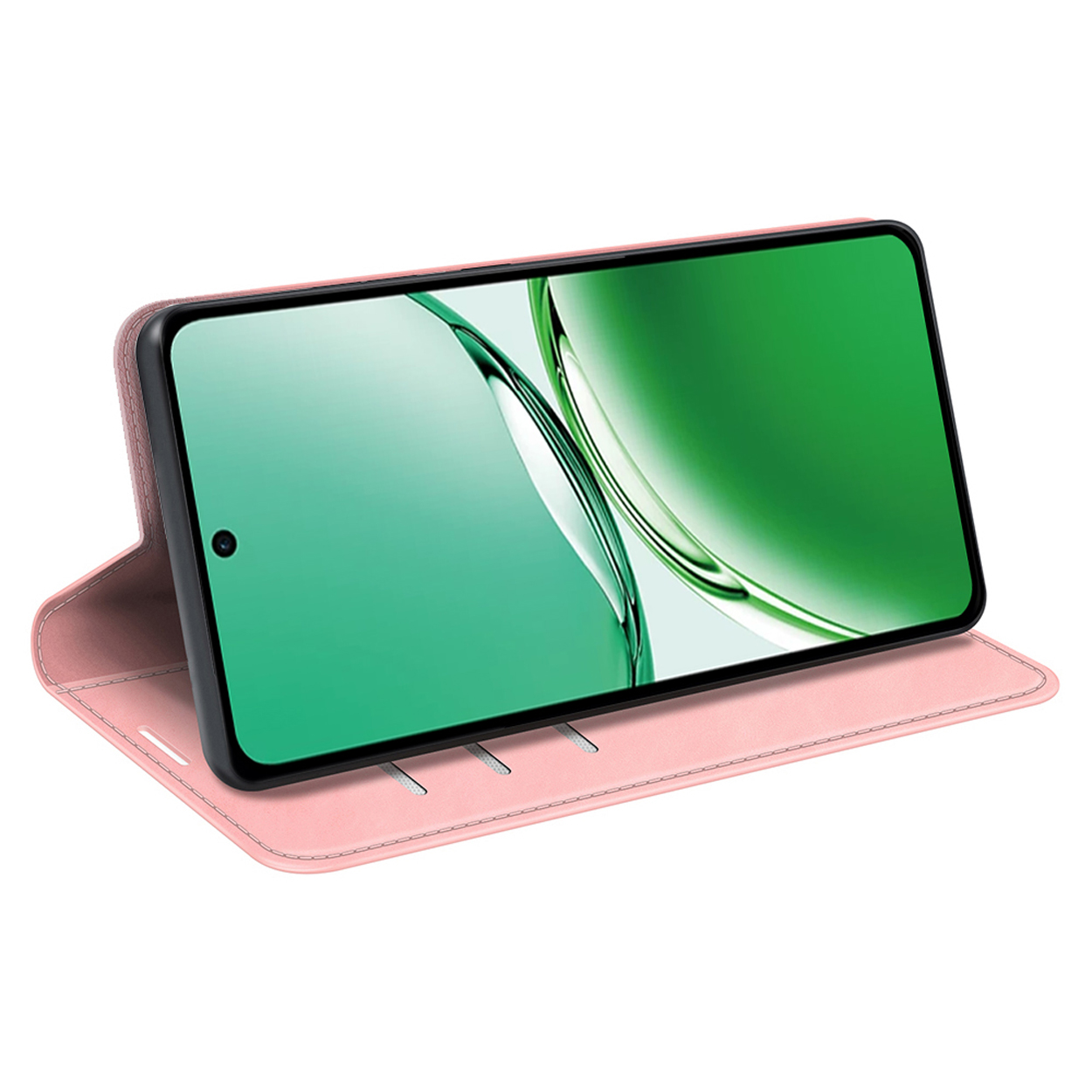 Roze telefoonhoesje met een scherm dat een groene afbeelding toont.