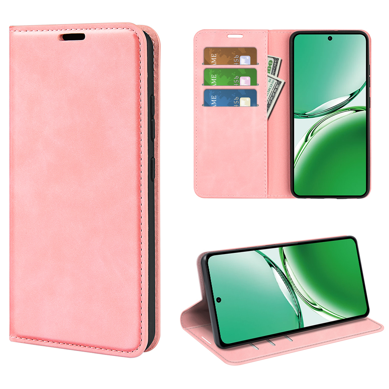 Roze telefoonhoesje met kaarten en geld erin. Drie weergaven van de hoes, gesloten, open en opgesteld.