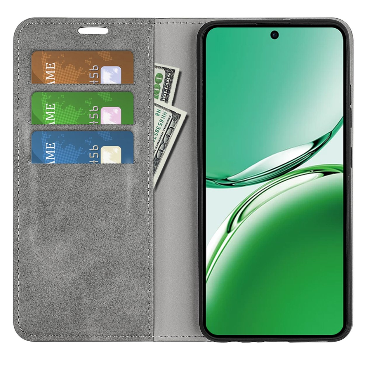 Grijze telefoonhoes, open. Toont kaartsleuven, een telefoon en geld. Scherm toont groene afbeelding.