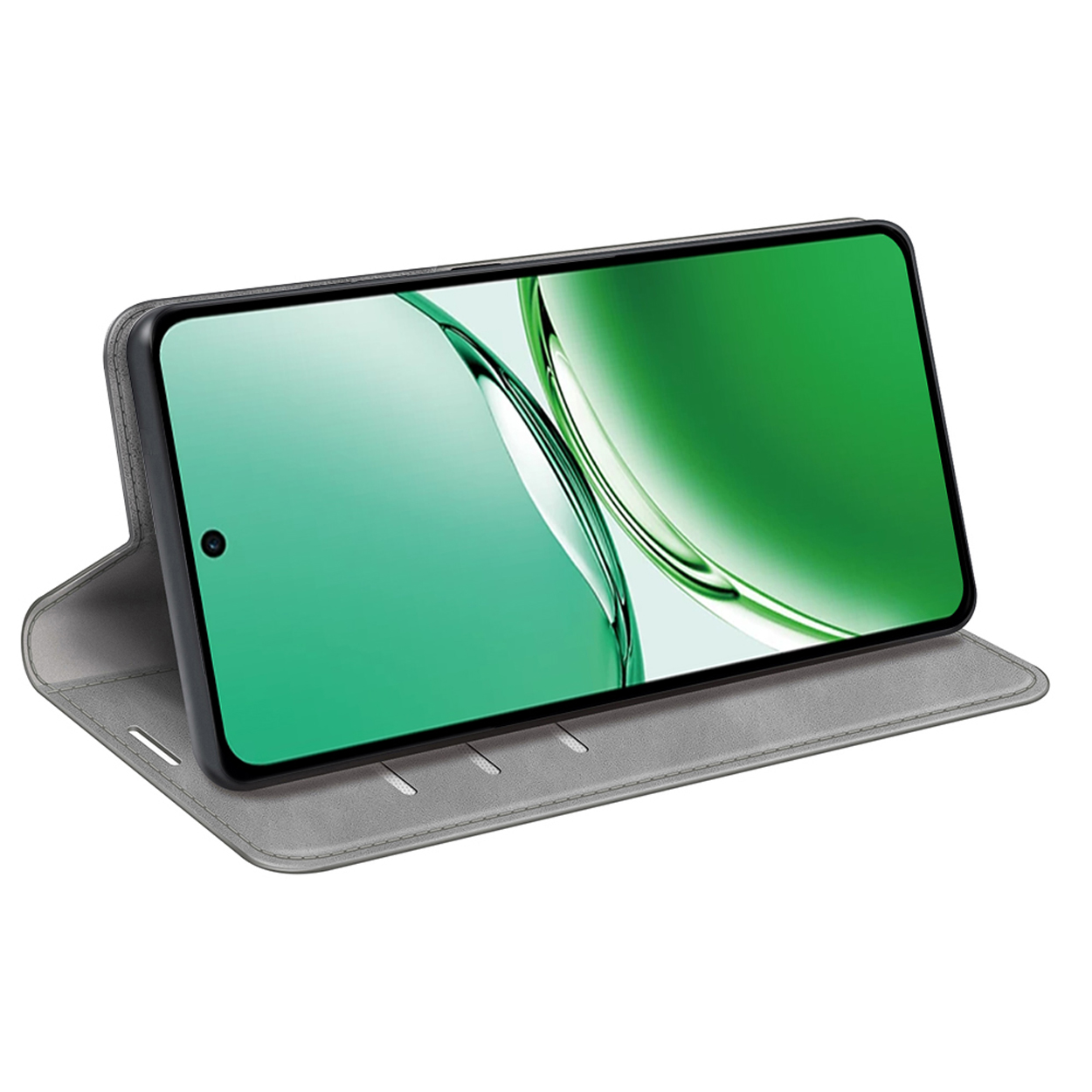 Grijze telefoonhoes portefeuille open, met telefoon. De telefoon is zichtbaar. De hoes staat op een witte achtergrond.