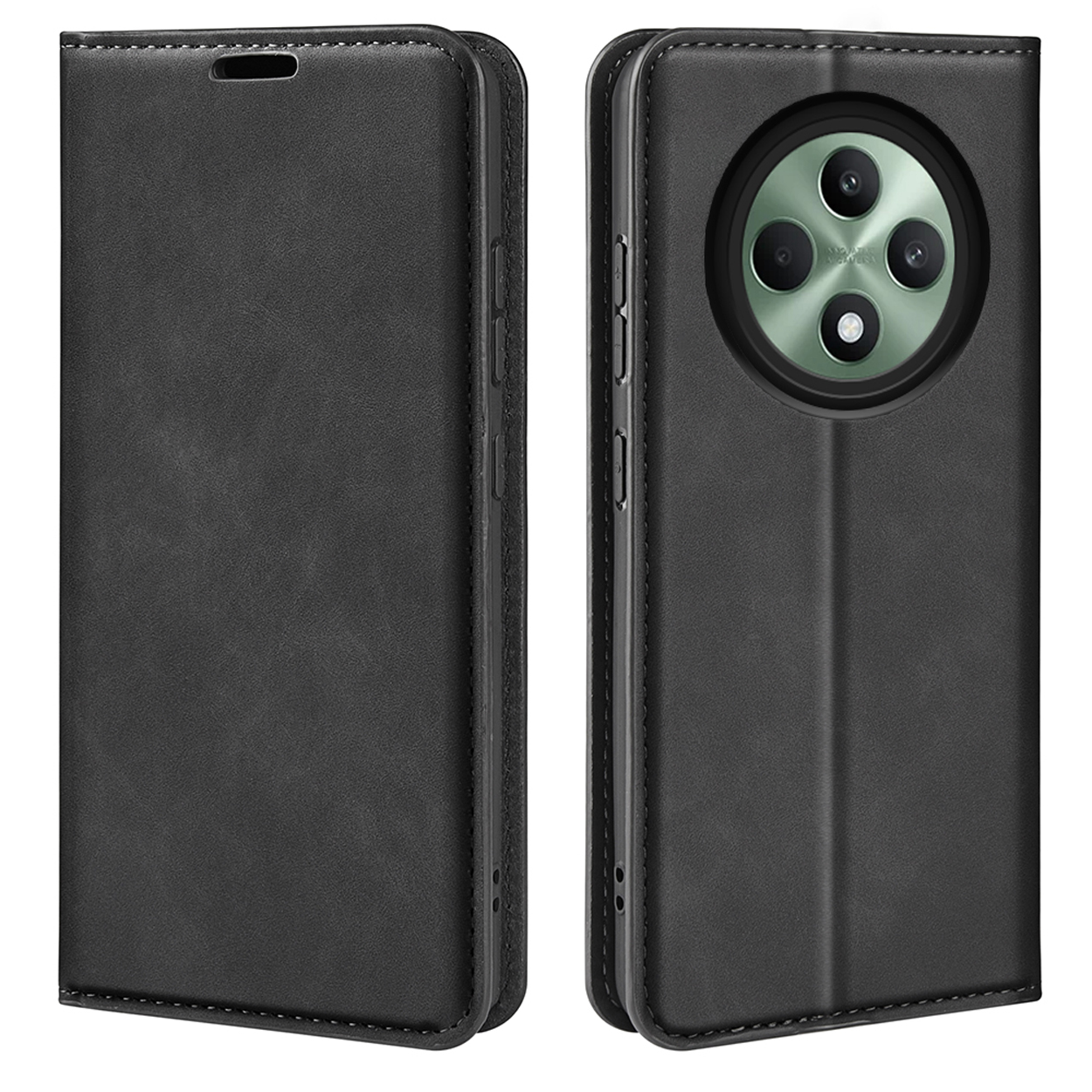 Étui portefeuille noir pour téléphone ouvert et fermé. Le téléphone n'est pas visible. L'étui est sur fond blanc.