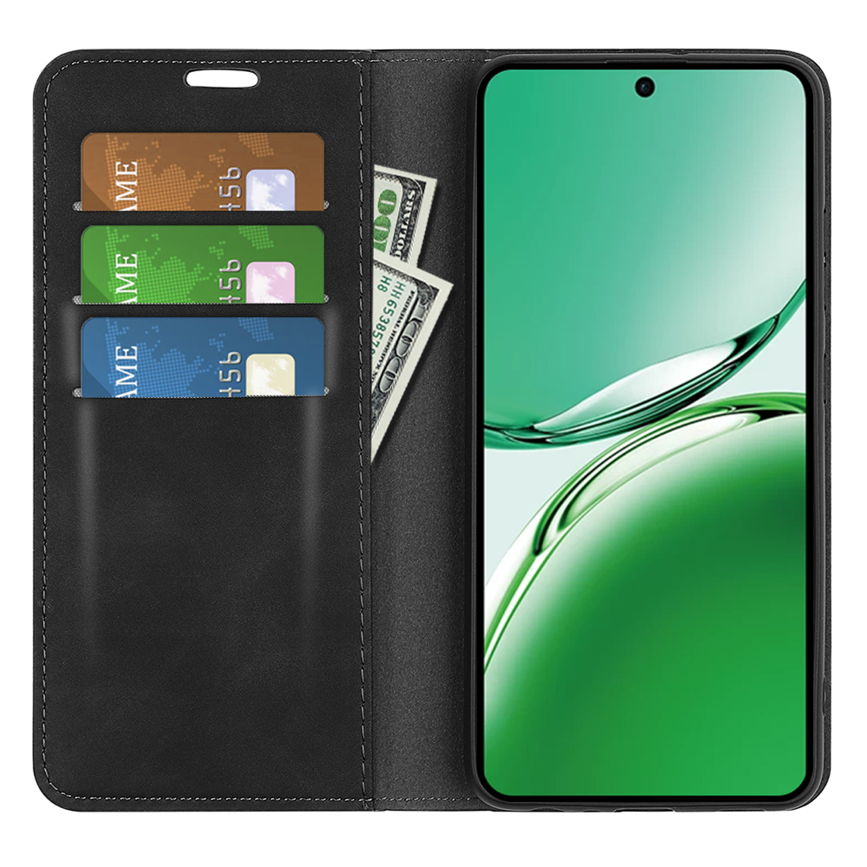 Étui de téléphone noir ouvert, avec cartes, argent et un téléphone affichant un design vert et blanc.