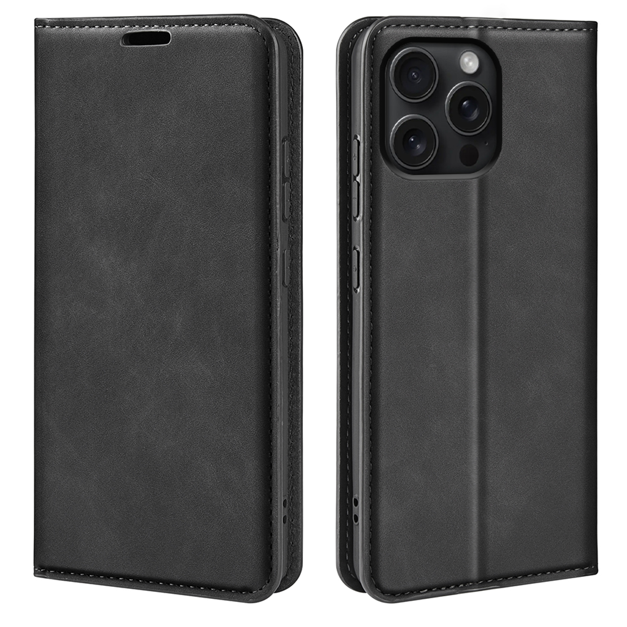 Deux vues d'un étui de téléphone noir fermé. Montre l'avant et l'arrière, avec découpe caméra.