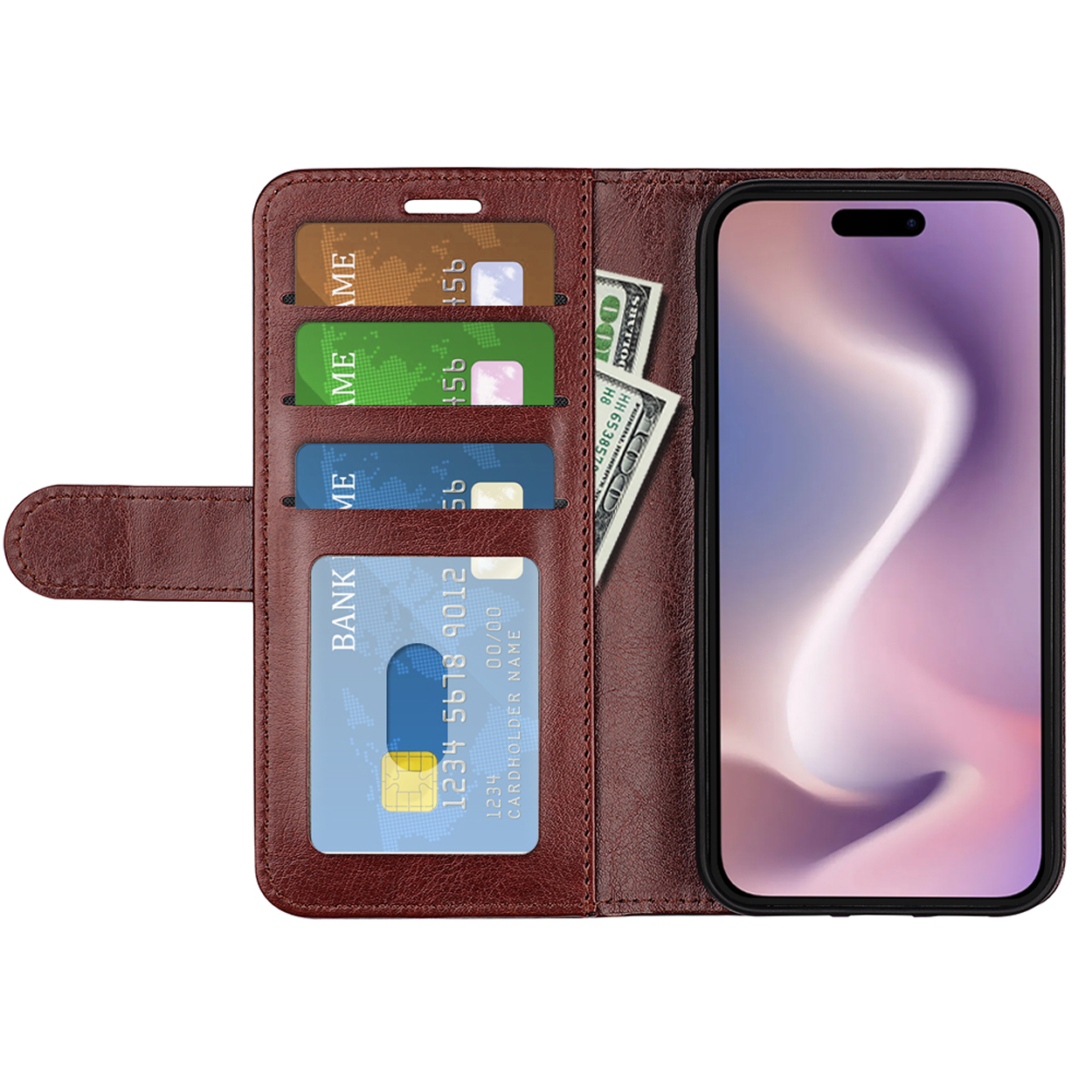 Bruine telefoonhoes met kaarten, geld en telefoon. Telefoon heeft een gradiëntscherm. Hoes open.