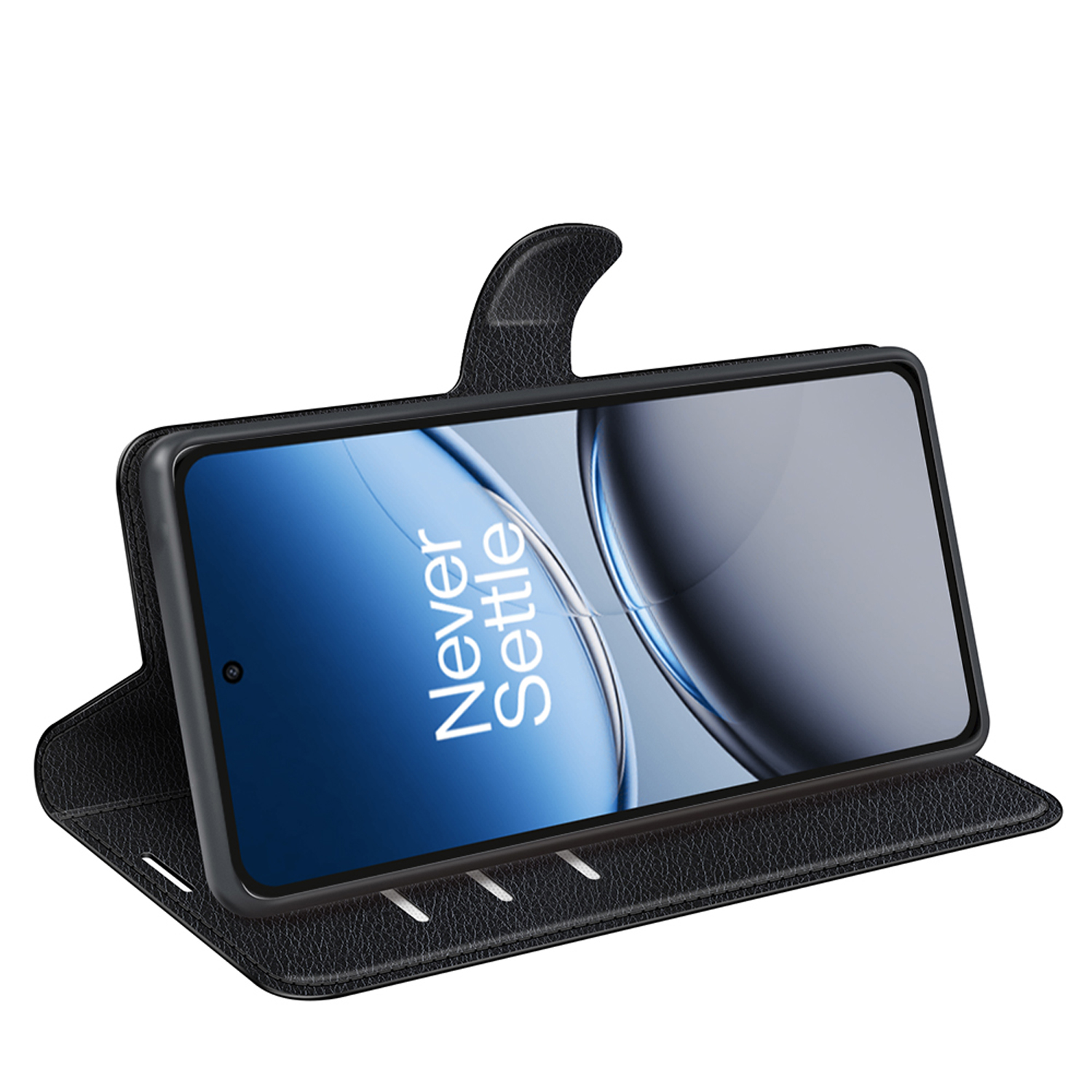 Étui de téléphone noir avec un téléphone affichant "Never Settle" à l'écran.
