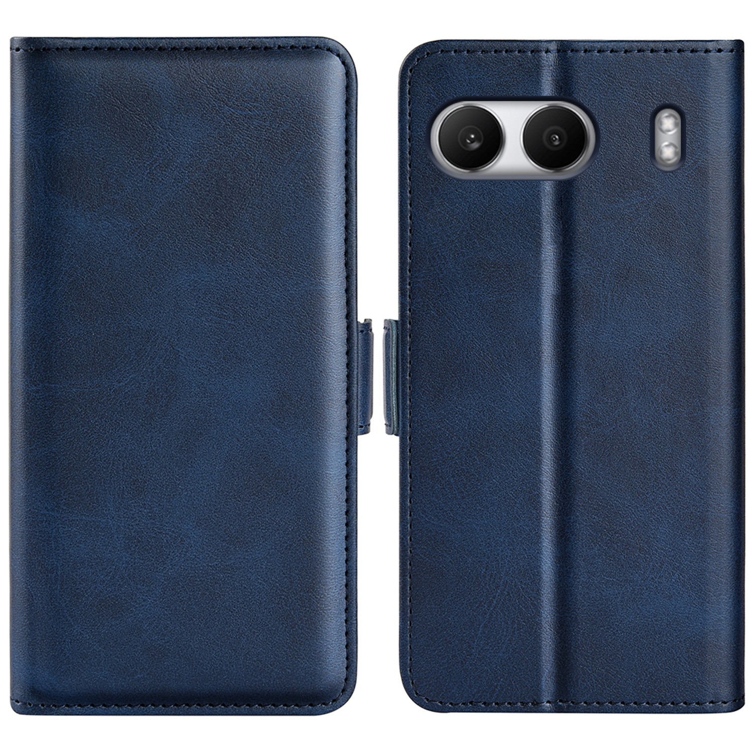 Blauwe leren telefoonhoes, open en dicht. Zichtbare telefooncamera.