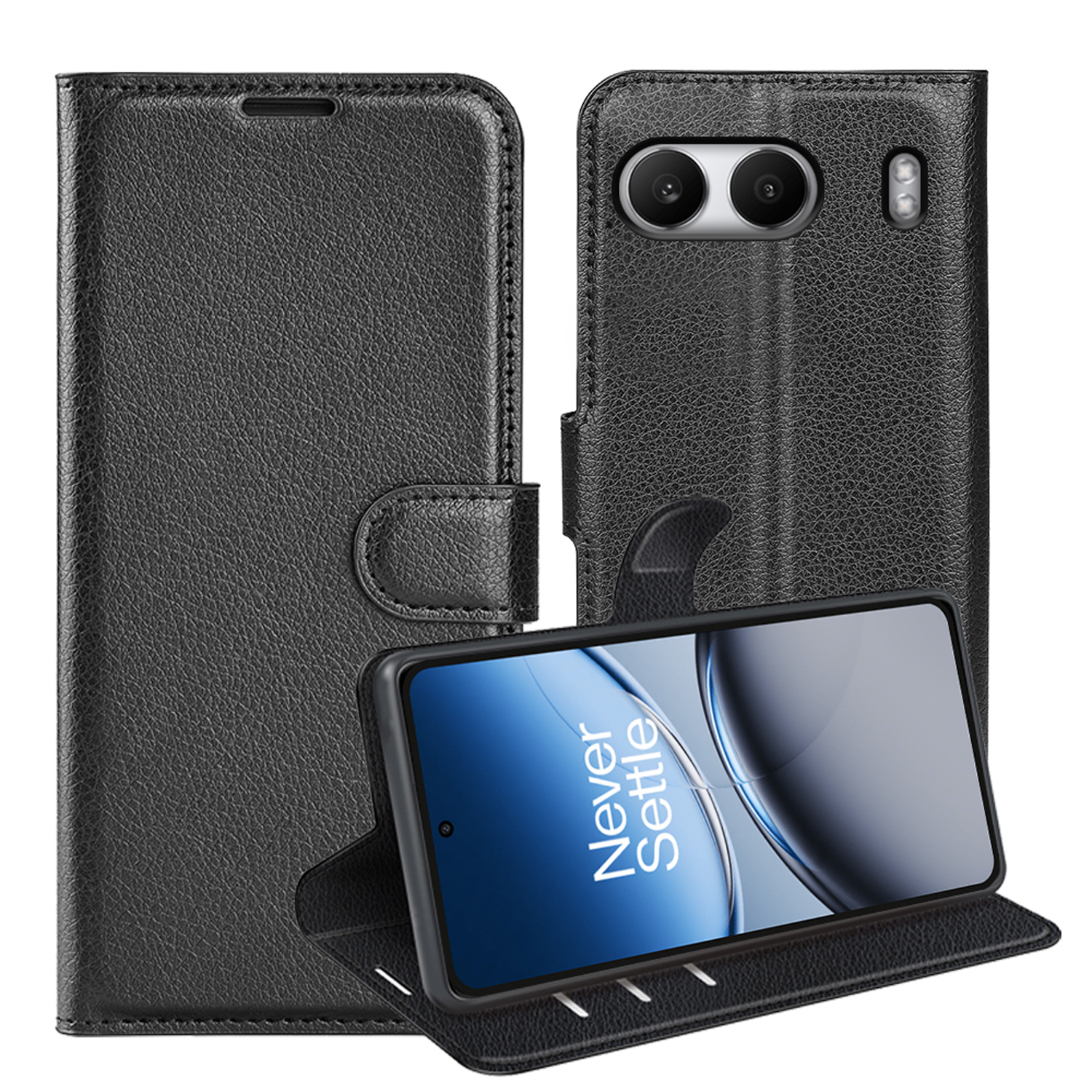 Étui de téléphone noir ouvert avec téléphone en support. Affiche le logo Never Settle sur l'écran.