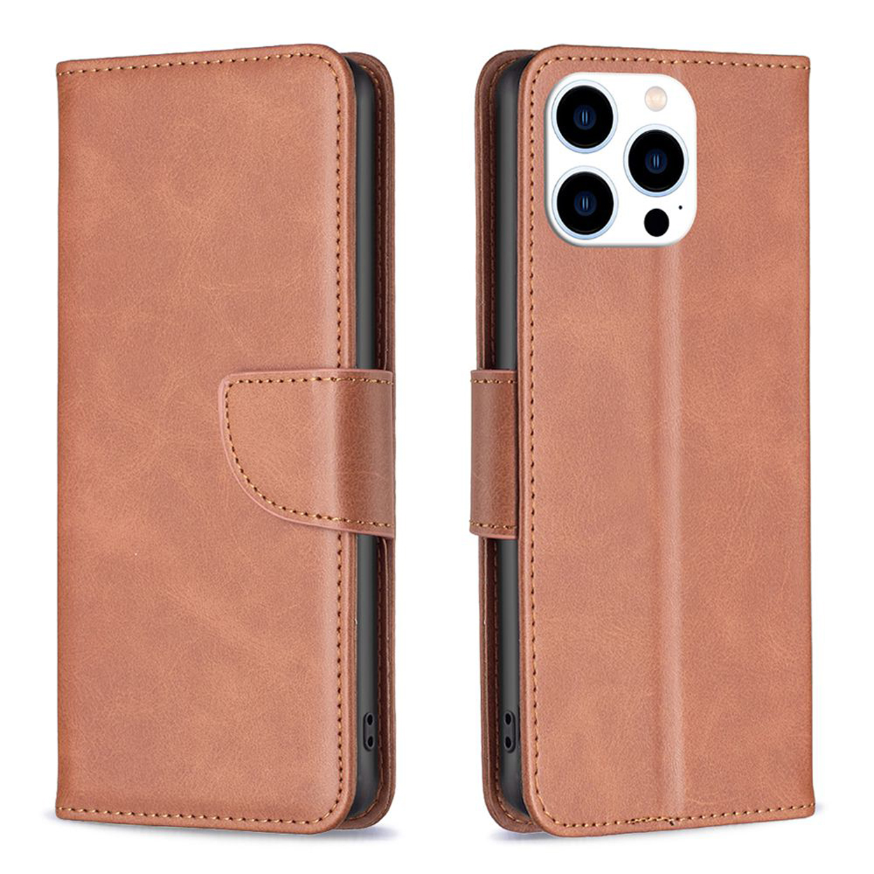 Twee bruine leren telefoonhoesjes, één gesloten, één open, met een uitsparing voor de telefoon.