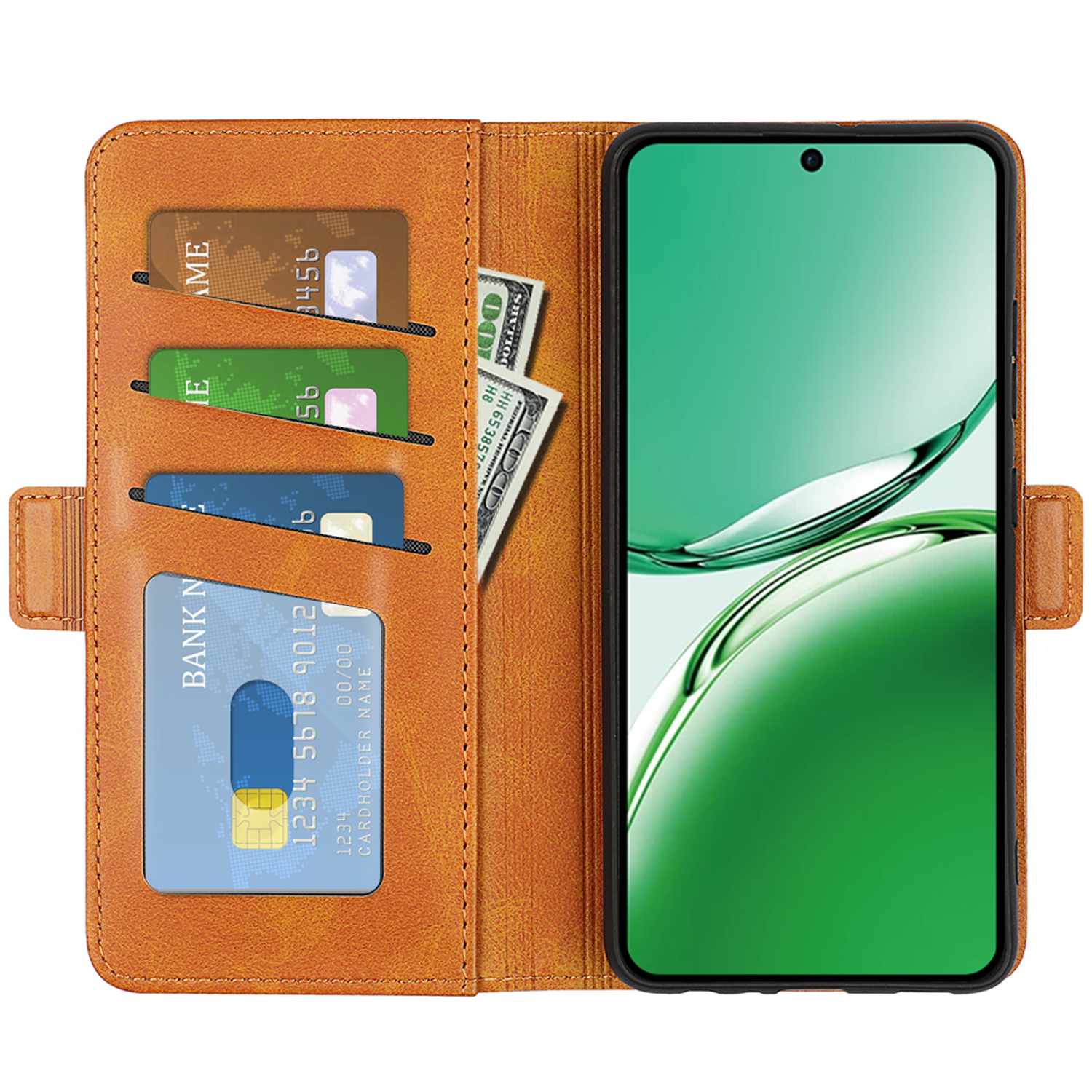 Open bruine telefoonhoes met telefoon, creditcards en dollarbiljetten zichtbaar.