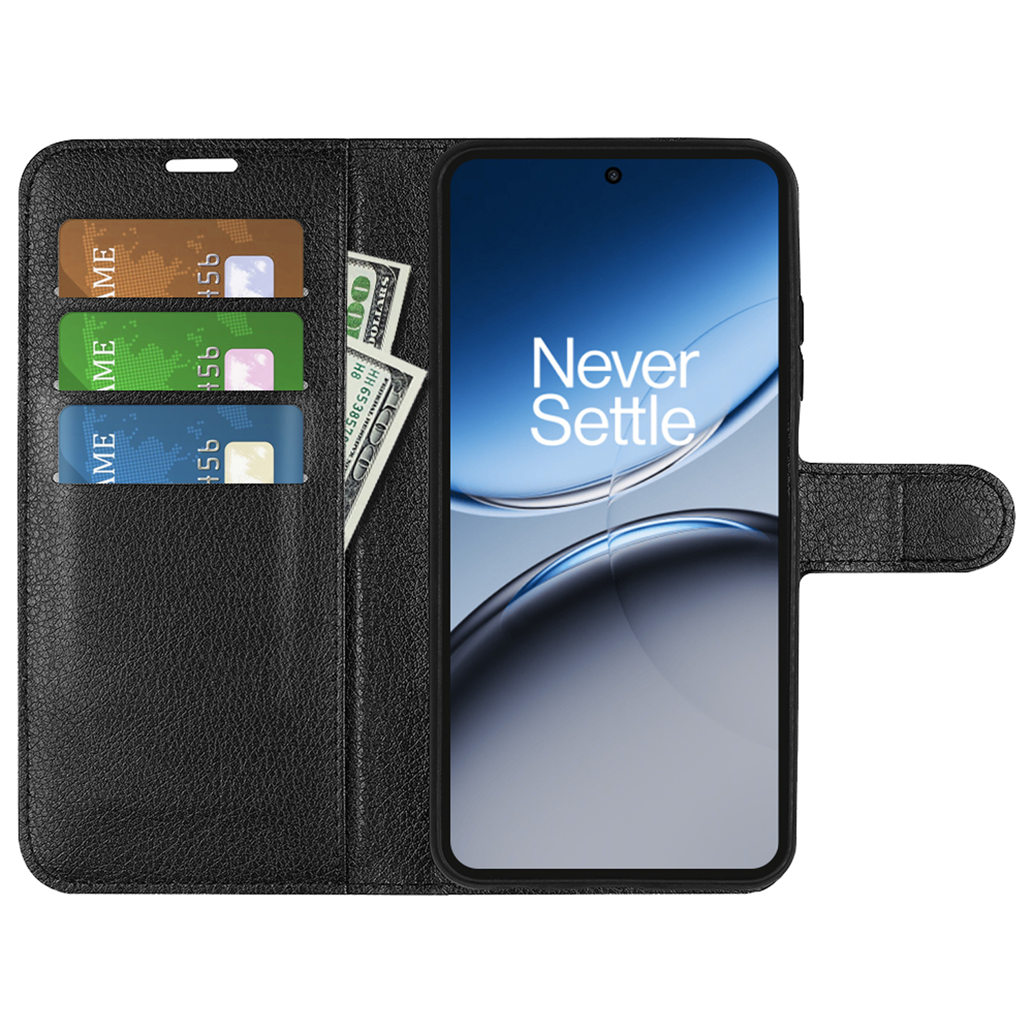 Étui noir avec cartes, billet et téléphone à l'intérieur.