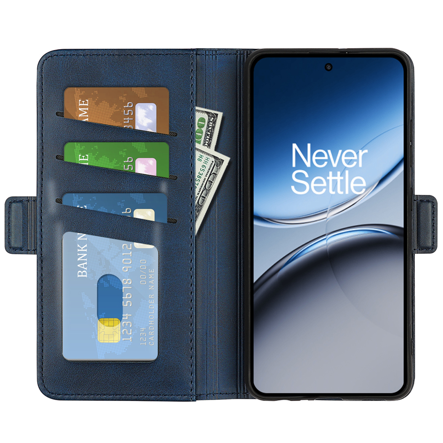 Blauwe telefoonhoes met een telefoon en kaarten. De telefoon toont een display. Never Settle.