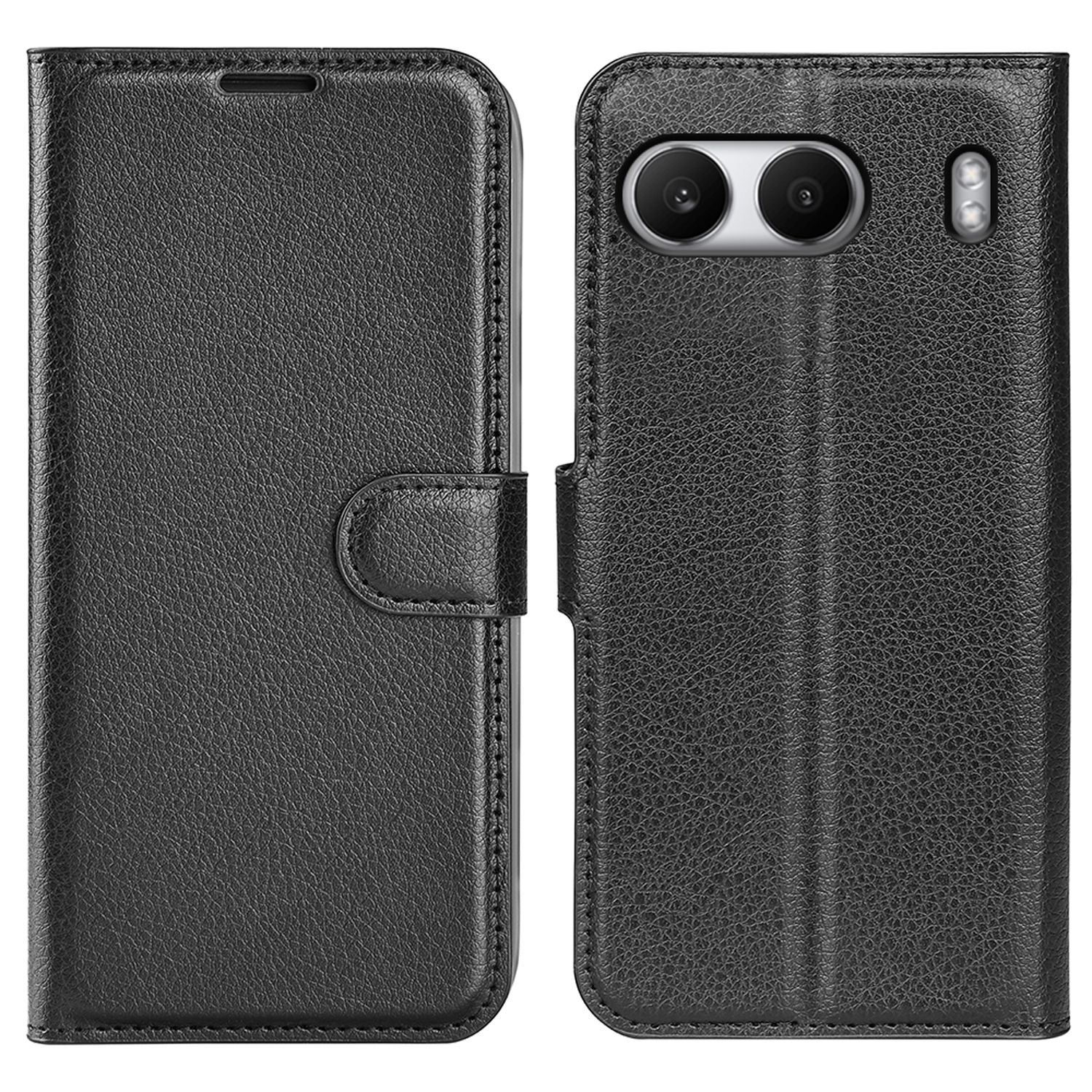 Étui de téléphone noir, fermé. L'étui a une fermeture à bouton. Il est sur un fond sombre.