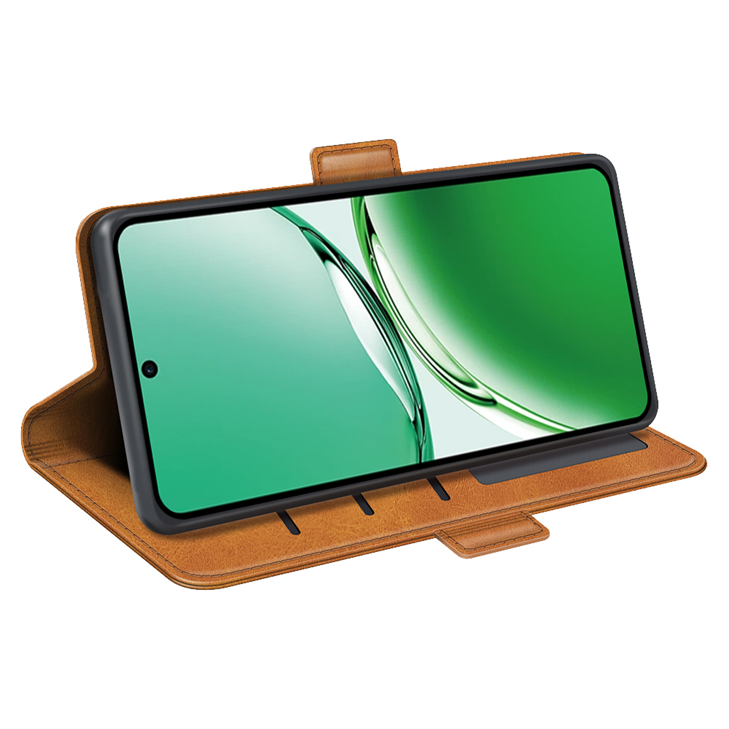 Bruin leren telefoonhoesje met telefoon, groene achtergrond.