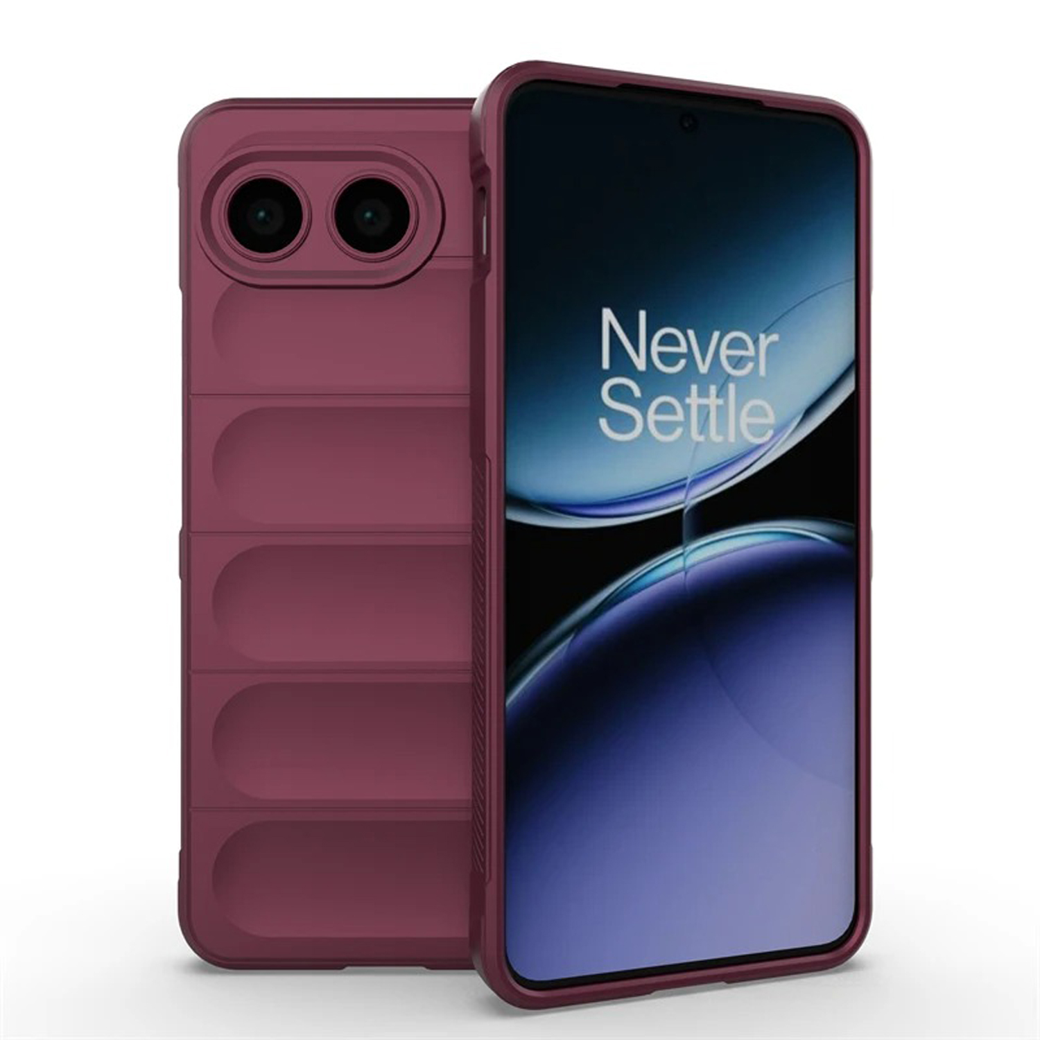 Bordeaux telefoonhoes met telefoon, twee hoesjes op een witte achtergrond.