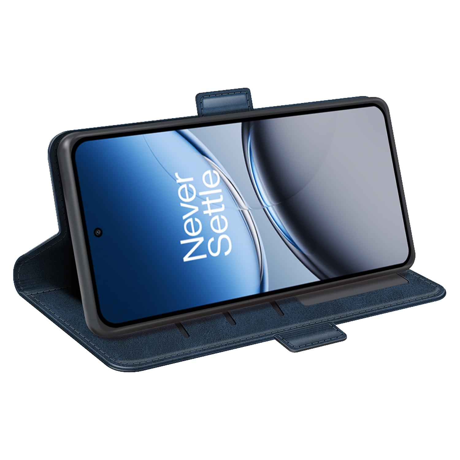 Blauwe telefoonhoes open met telefoon. De telefoon geeft tekst weer. De hoes is van leer. Het is een standaard.