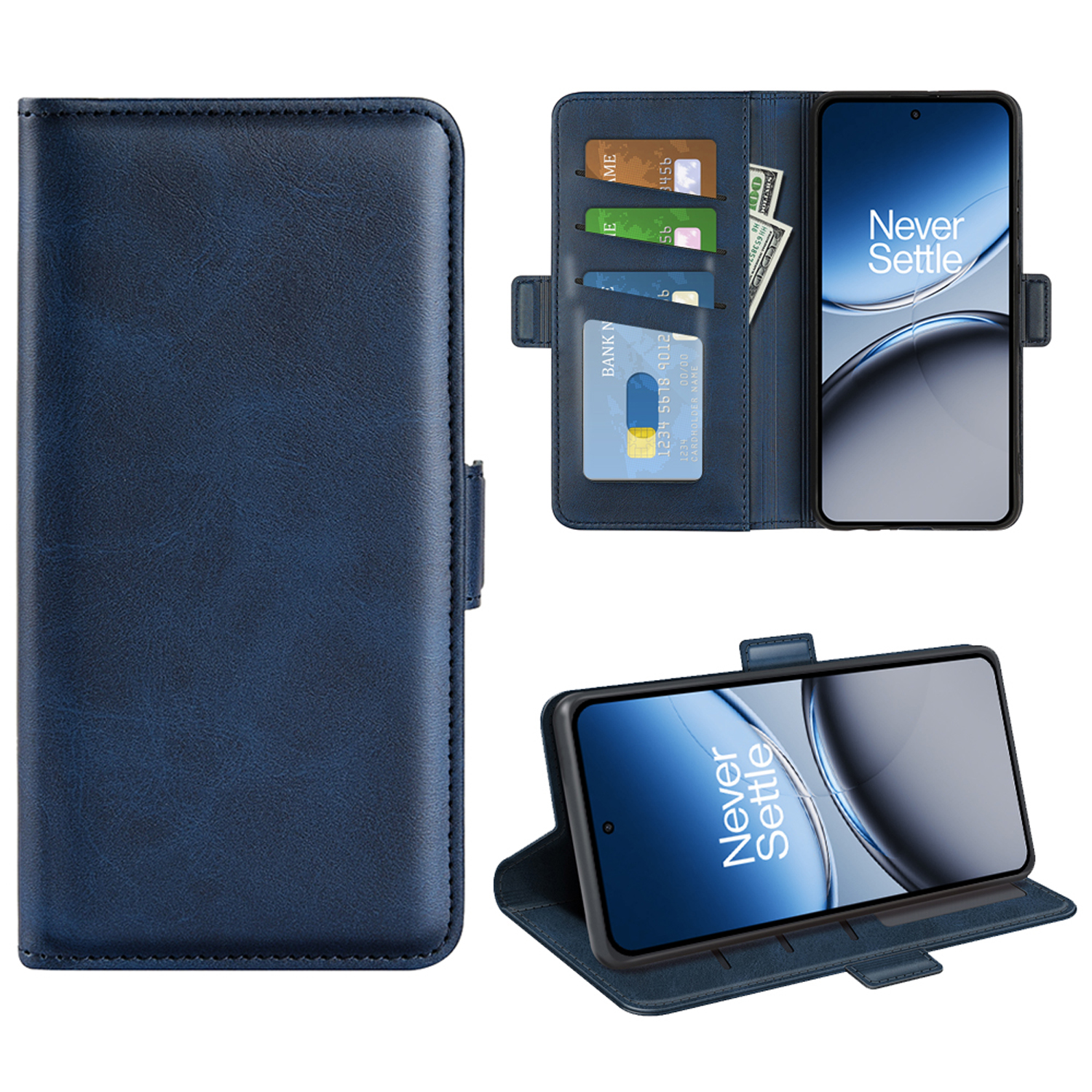 Blauw leren telefoonhoesje open met kaarten, contant geld en een telefoon met de woorden 'Never Settle'.