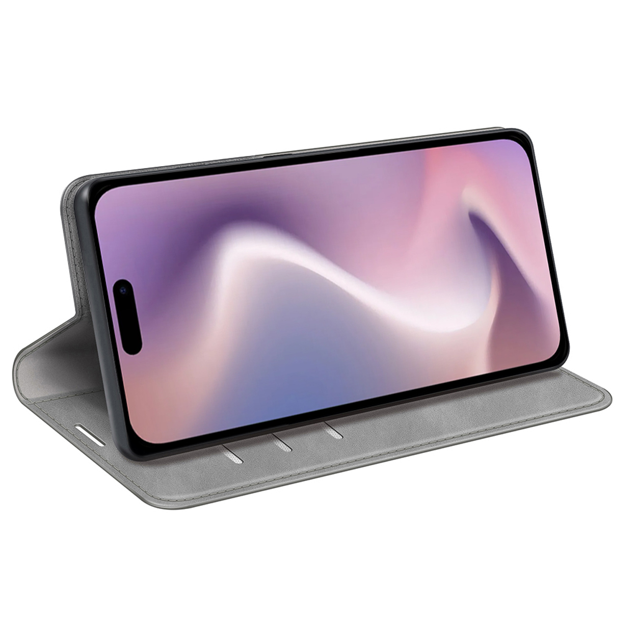 Een grijze telefoonhoes met een telefoon erin. Scherm toont een kleurrijke gradiënt.