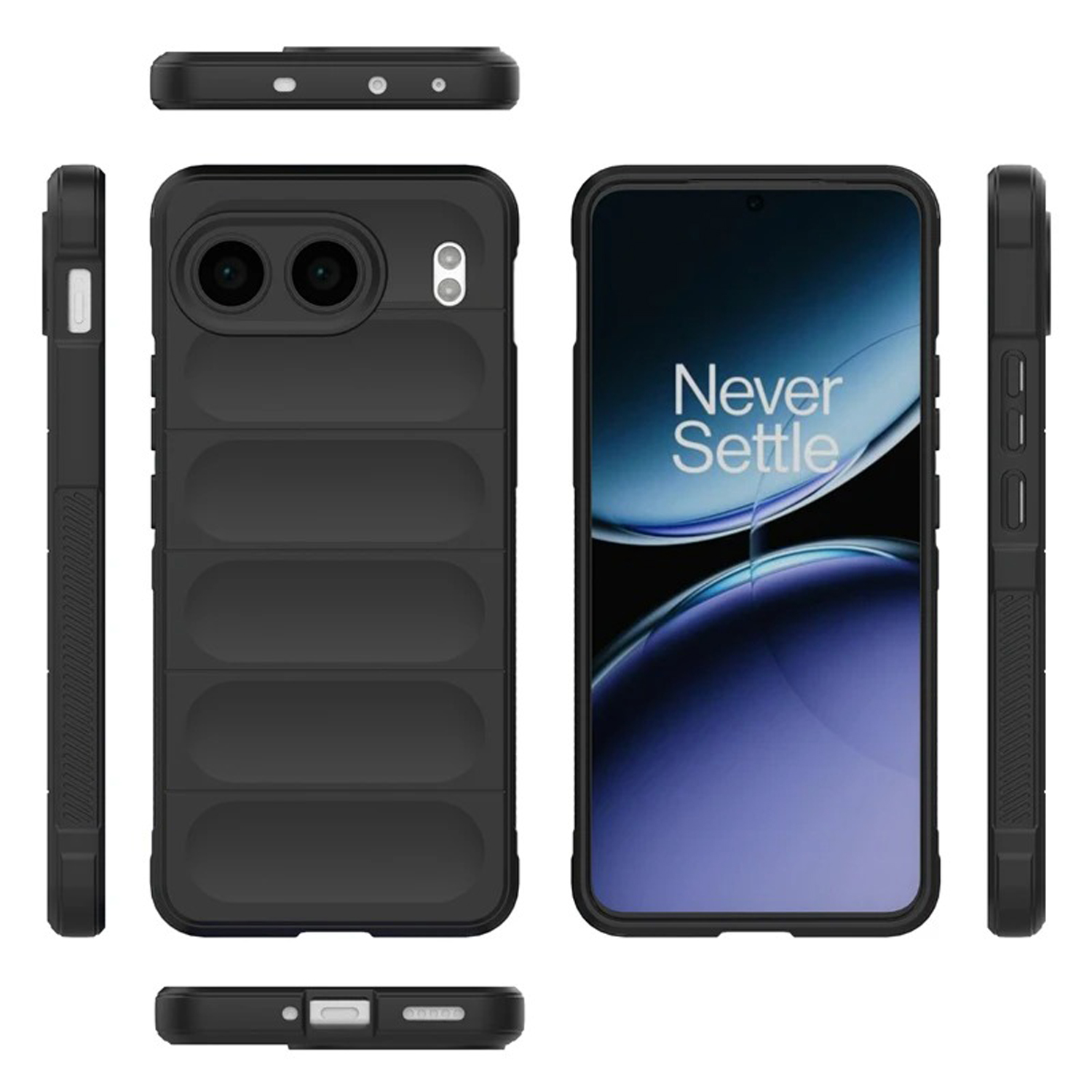 Zwarte telefoonhoes met een dubbel camera-ontwerp. Zijaanzicht en bovenaanzicht ook inbegrepen.