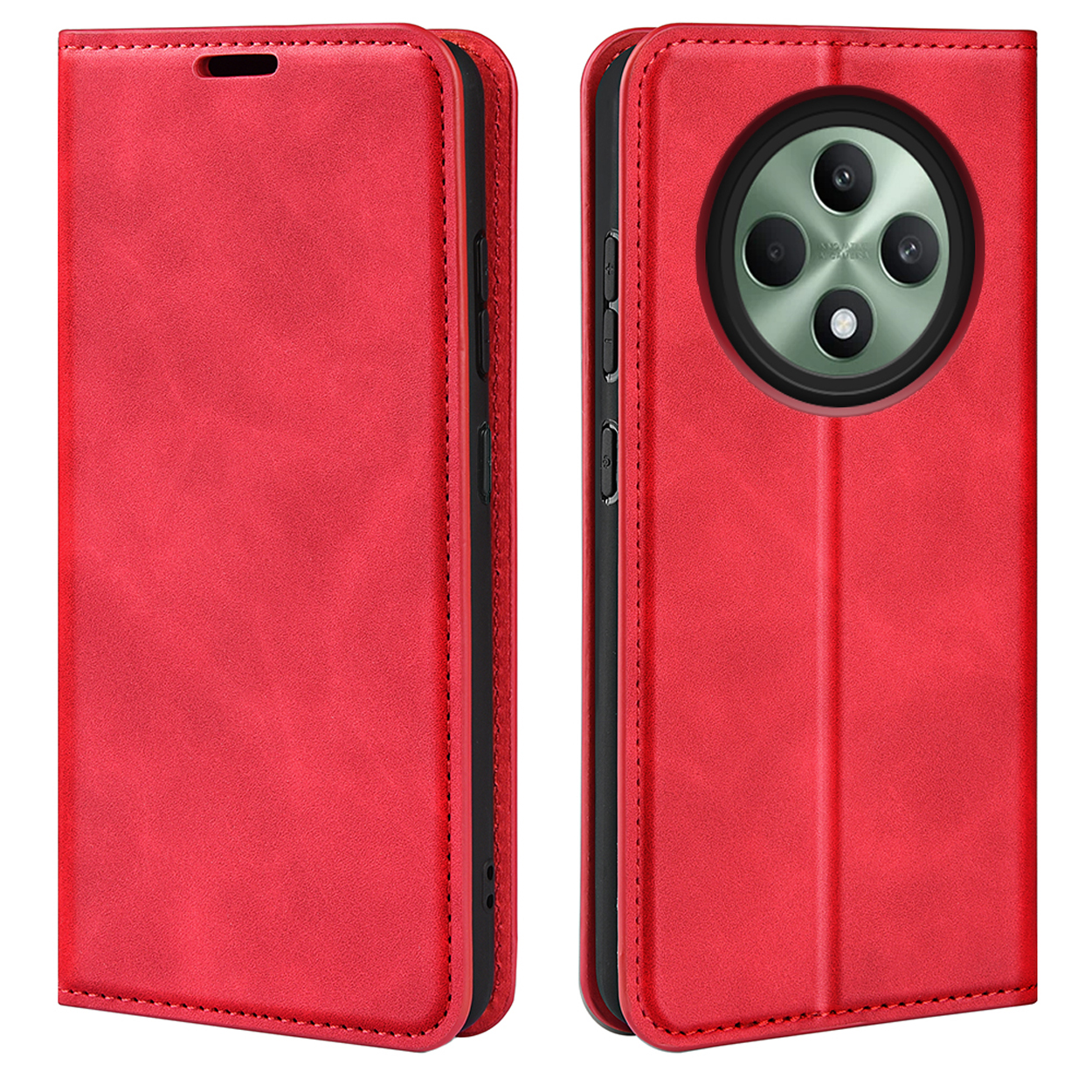 Étui de téléphone rouge fermé. Le dos montre un téléphone avec une configuration à triple caméra.