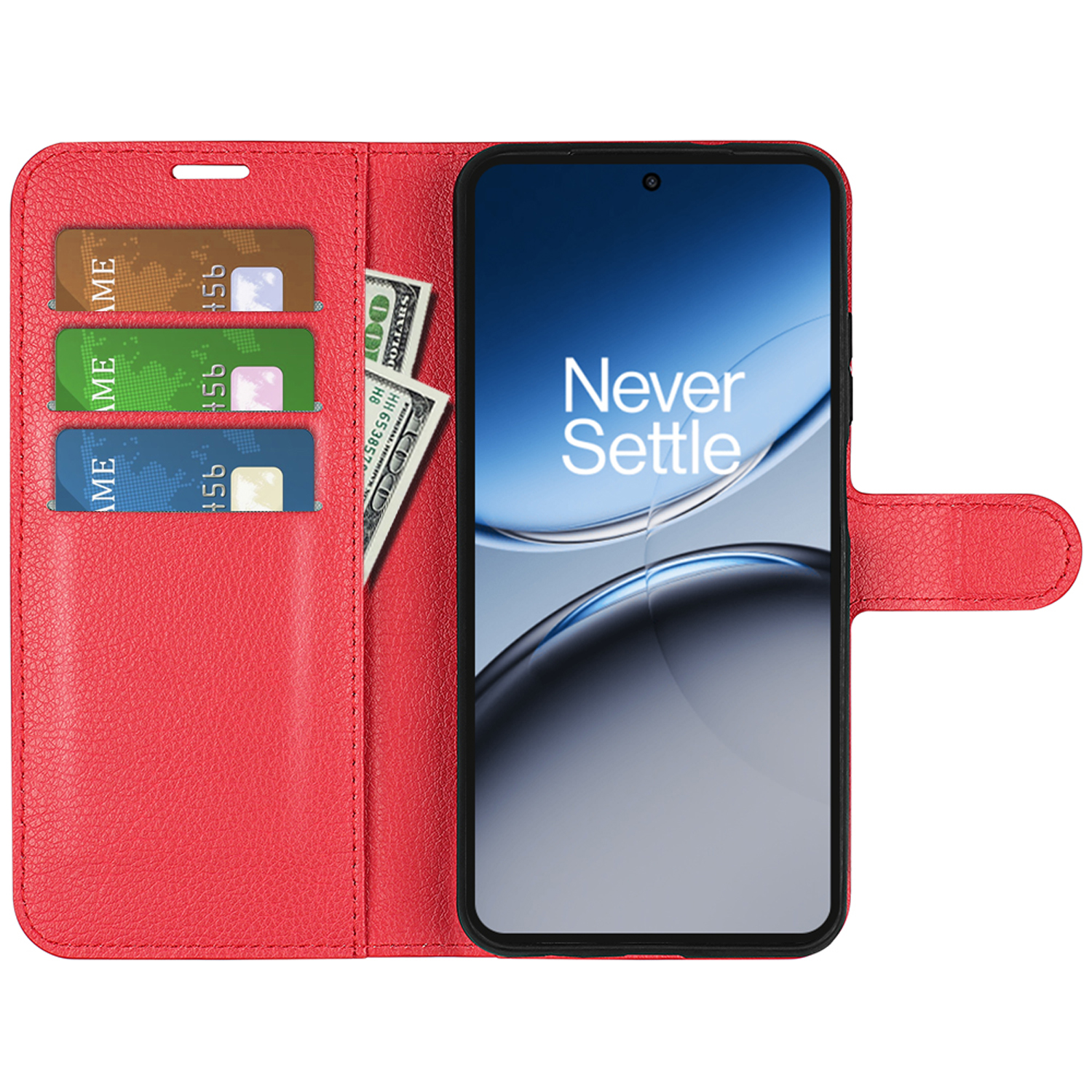Étui rouge avec téléphone, cartes et billet de cent dollars.