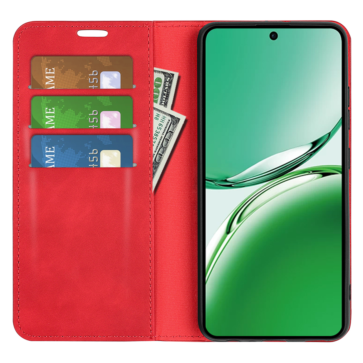 Étui en cuir rouge ouvert, montrant les fentes pour cartes et l'argent, et l'écran du téléphone.